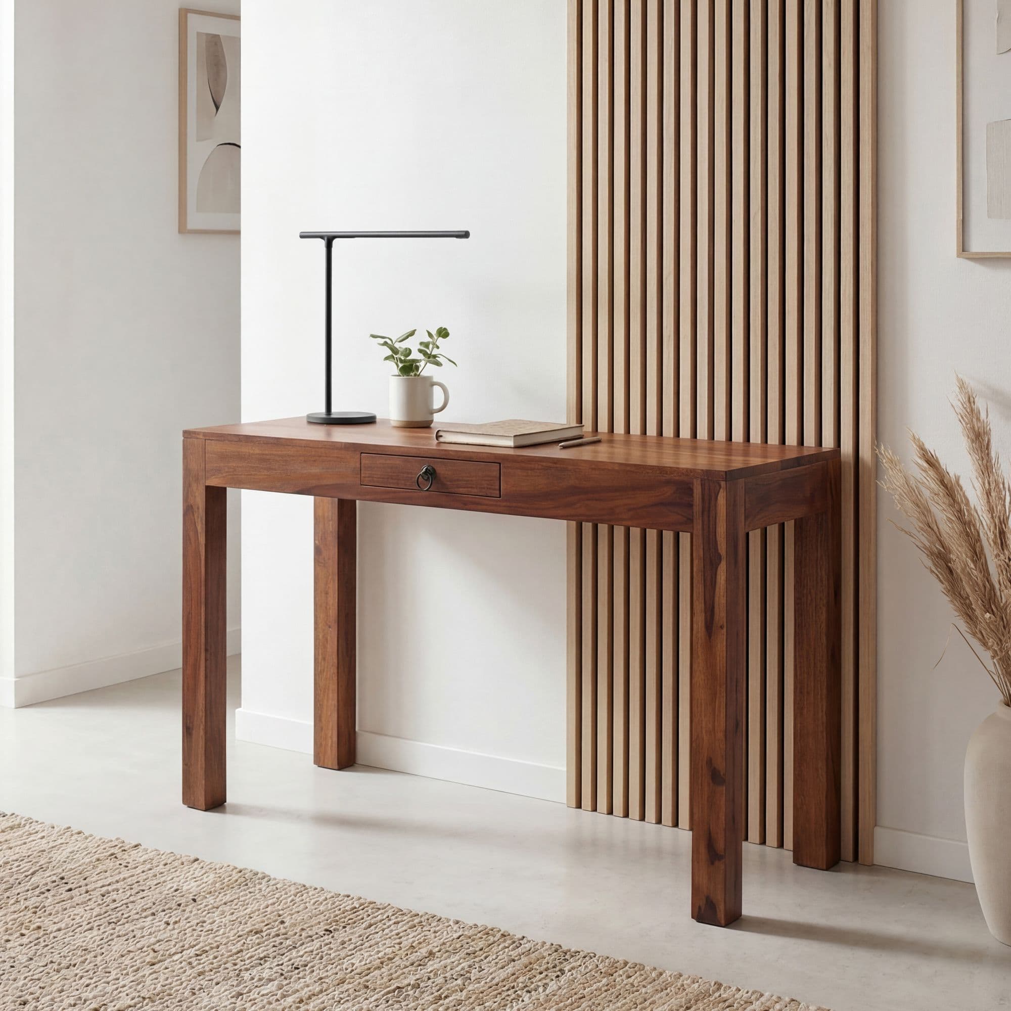 FineBuy Schreibtisch 118x40x76 cm Sheesham Massivholz Computertisch mit Schublade, Homeoffice Bürotisch Massiv Schmal Platzsparend, Holztisch Laptoptisch Arbeitszimmer Stauraum