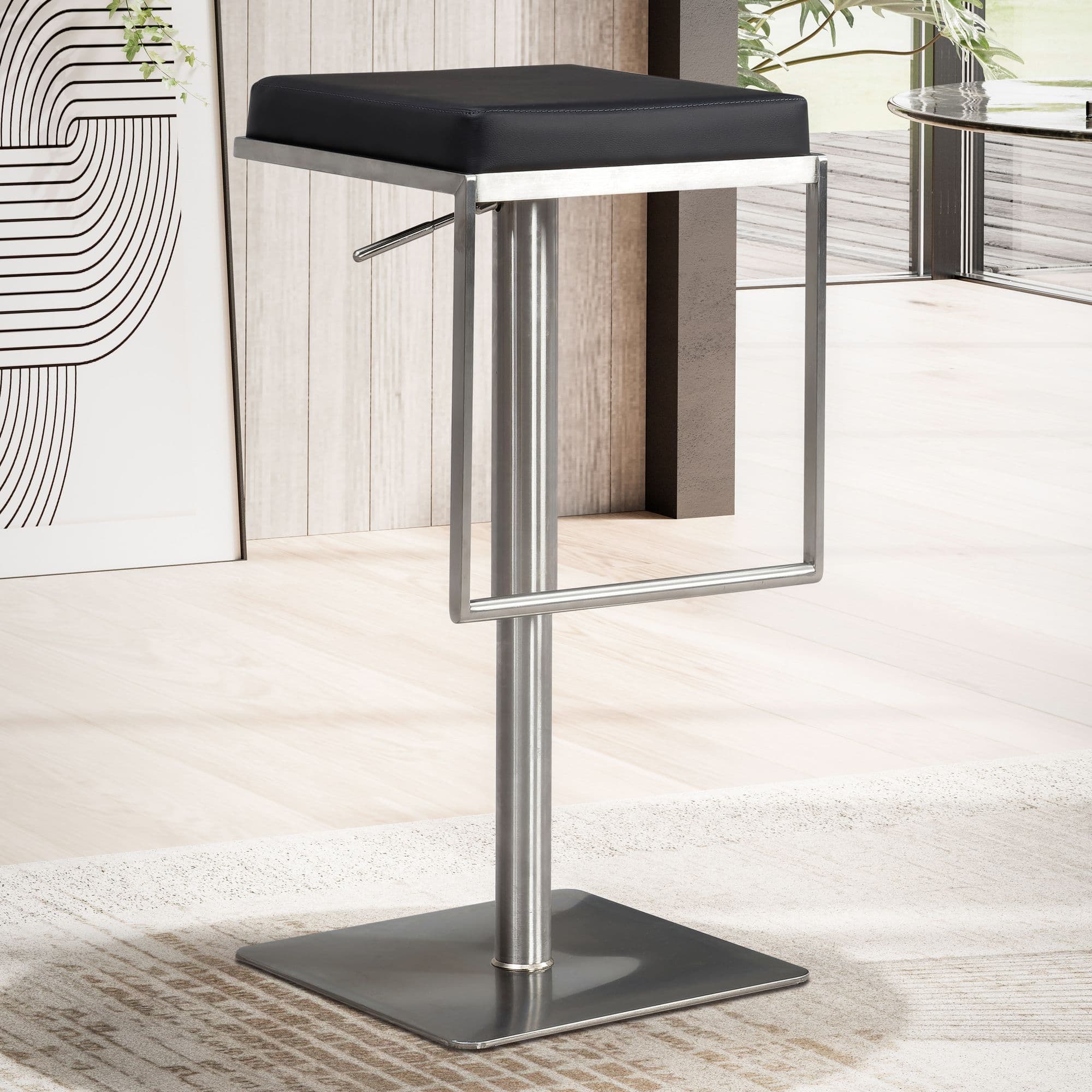 FineBuy Barhocker Schwarz Kunstleder Edelstahl Design Barstuhl Modern, Tresenstuhl Drehbar Gepolstert, Bistrohocker Metall Hoch, Thekenhocker Höhenverstellbar, Hoher Hocker für Bar