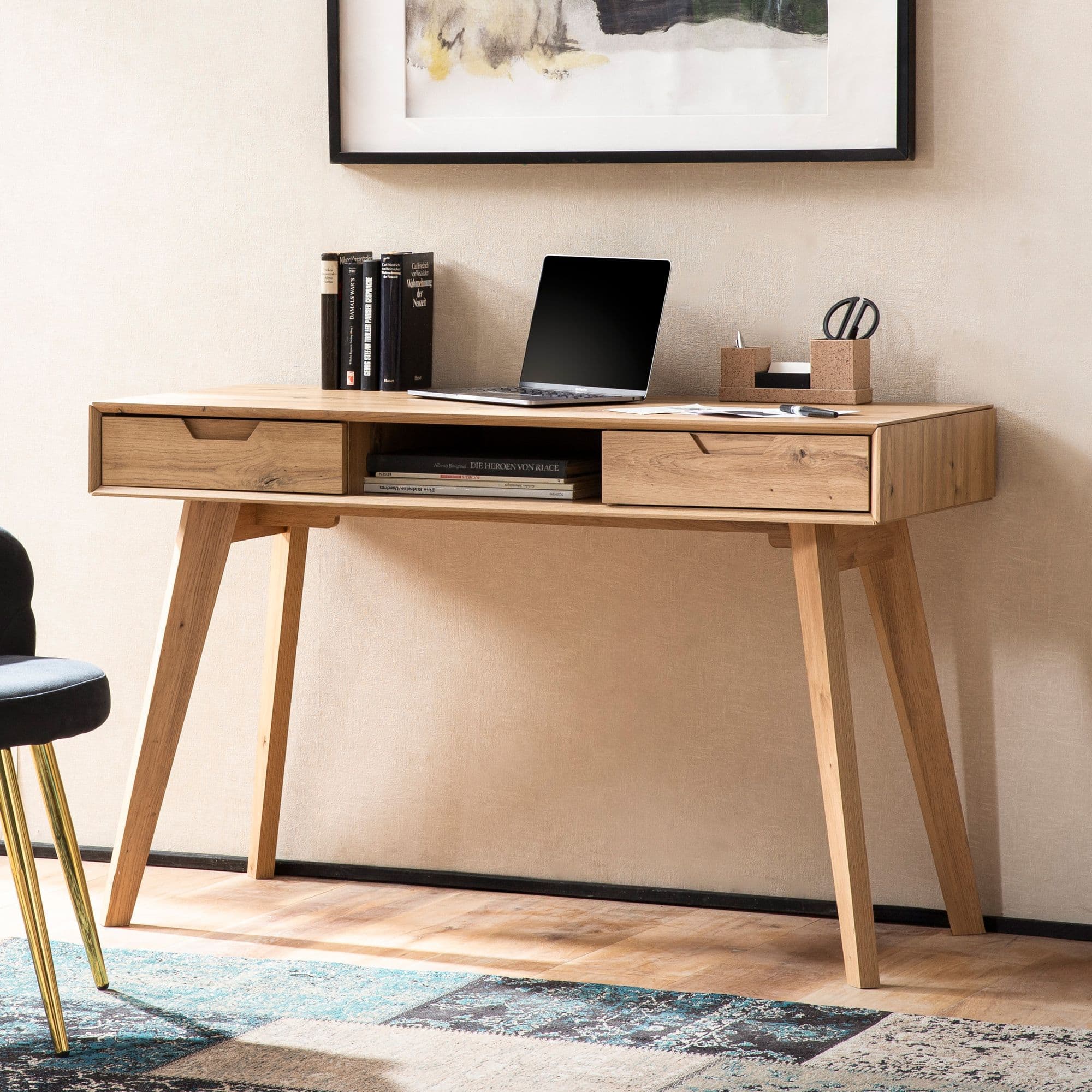 FineBuy Schreibtisch 120x55x77 cm Eiche Dekor mit Stauraum, Design Bürotisch Skandinavisch mit Schubladen, HomeOffice Laptoptisch Computertisch Arbeitszimmer mit Massivholzbeine