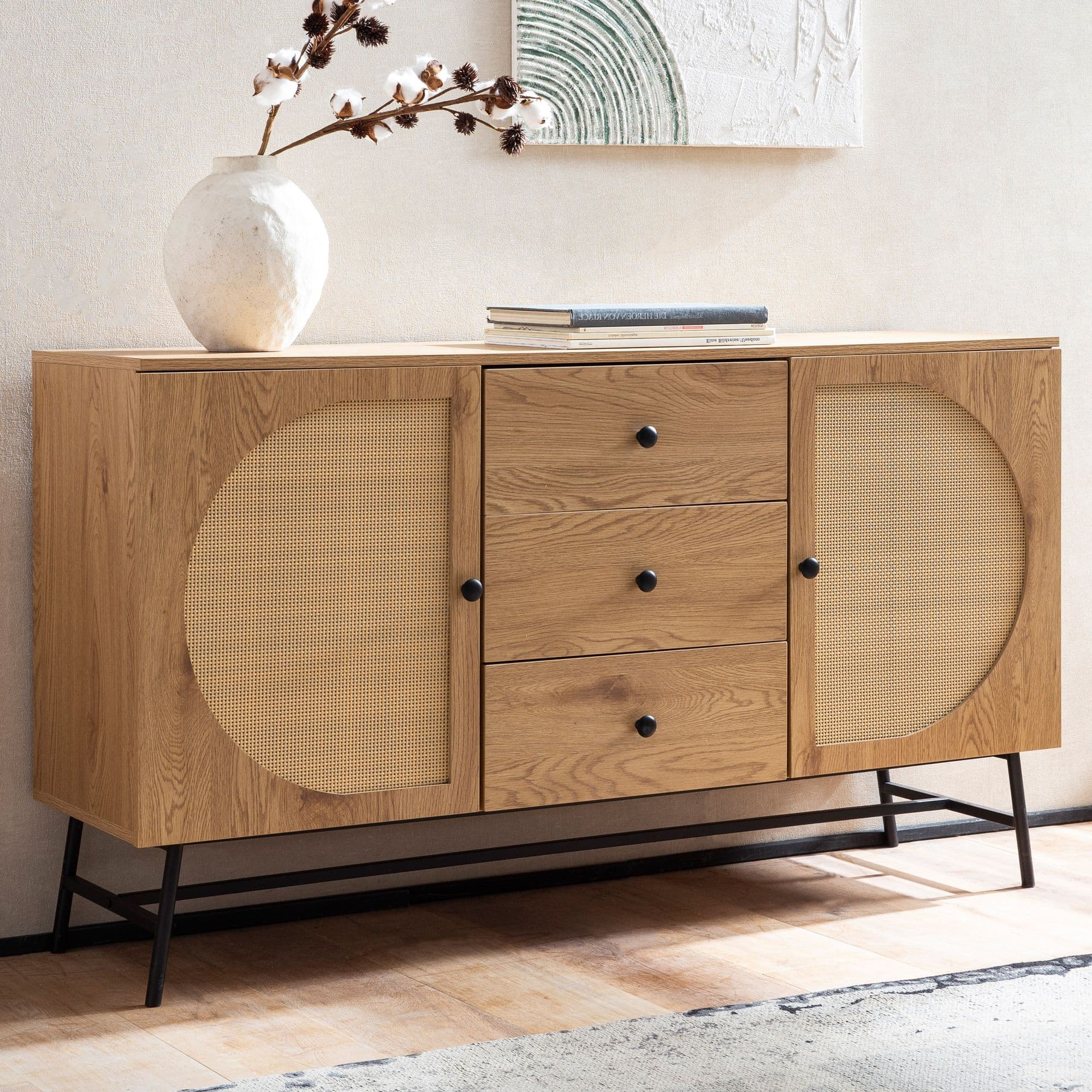Sideboard in Eiche Dekor 140 cm Kommode mit 2 Türen & 3 Schubladen aus Wiener Rattan Geflecht Design