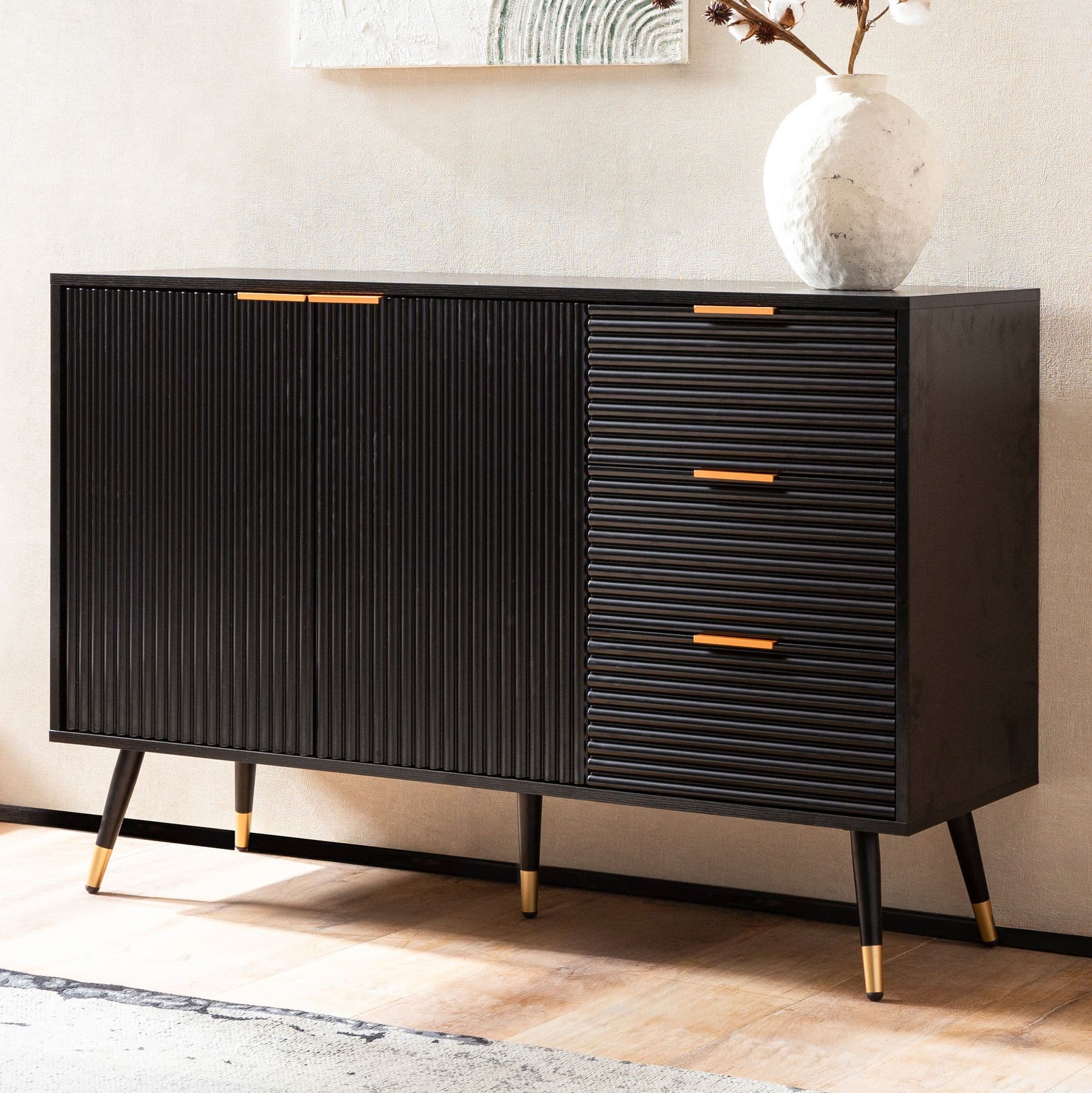 FineBuy Sideboard 120x80x40 cm Anrichte Schwarz mit Eiche-Dekor, Kommode mit Türen und Schubladen, Kommodenschrank Flurschrank Modern, Standschrank Wohnzimmer Metallbeine