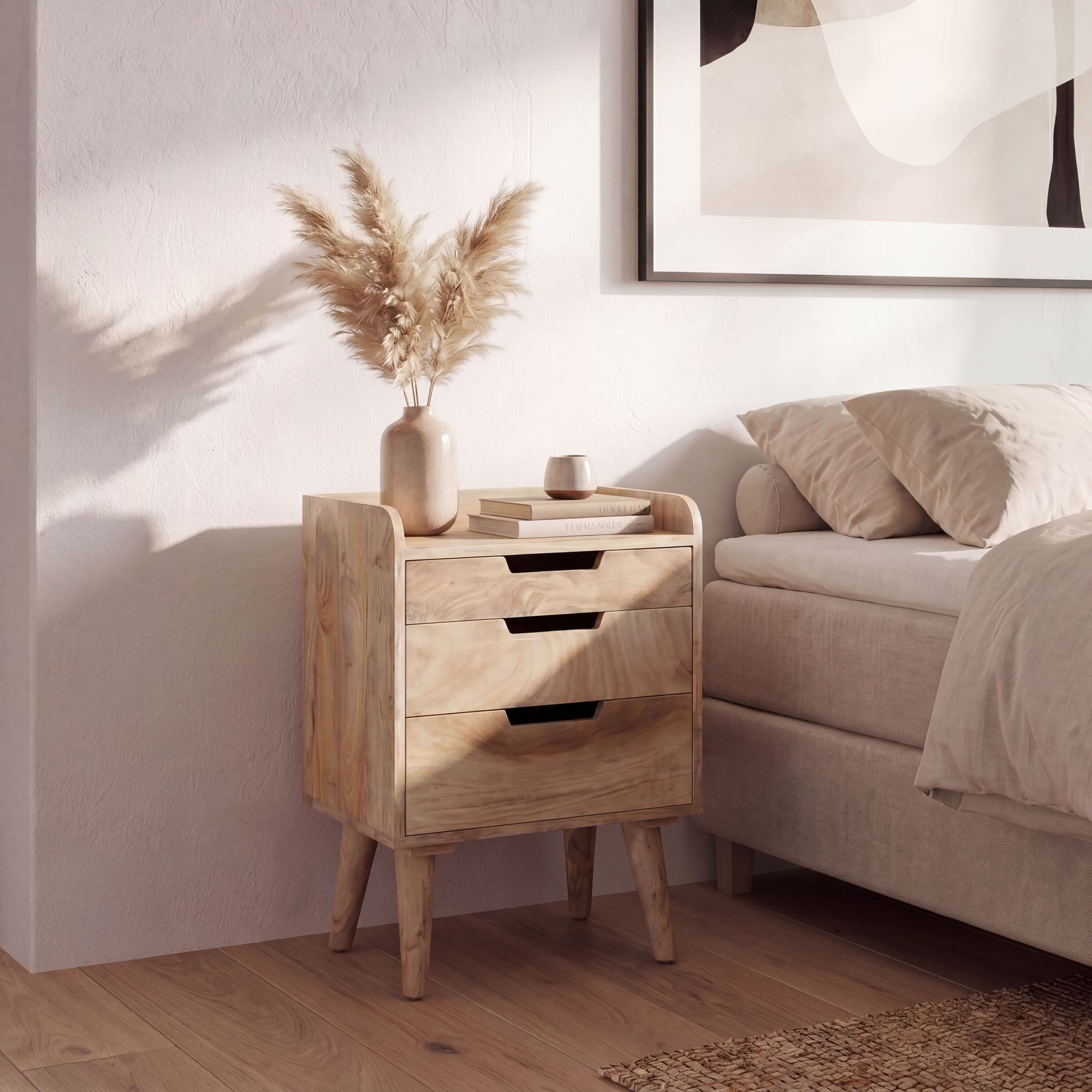 FineBuy Nachttisch aus Mango Massivholz mit 3 Schubladen & Ablage – Nachtschrank ideal für Boxspringbetten, Nachtkonsole im Natur Design – Nachtkästchen 45x33x63 cm