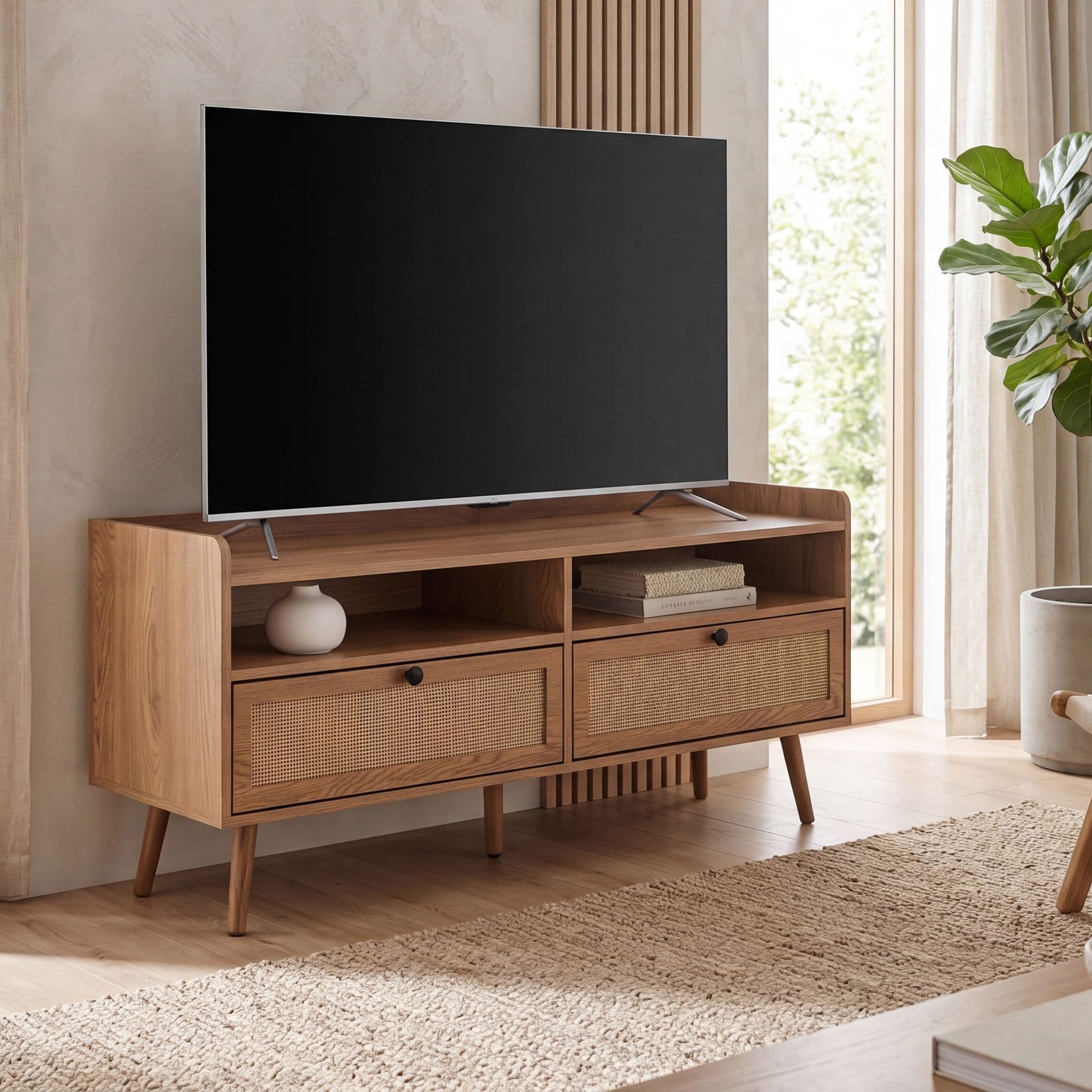 FineBuy Lowboard 120x56x39 cm TV-Kommode mit Eiche-Dekor & Rattan, Design TV-Schrank Hoch mit Schubladen, Fernsehtisch Fernsehschrank Stauraum, Fernsehkommode Wohnzimmer