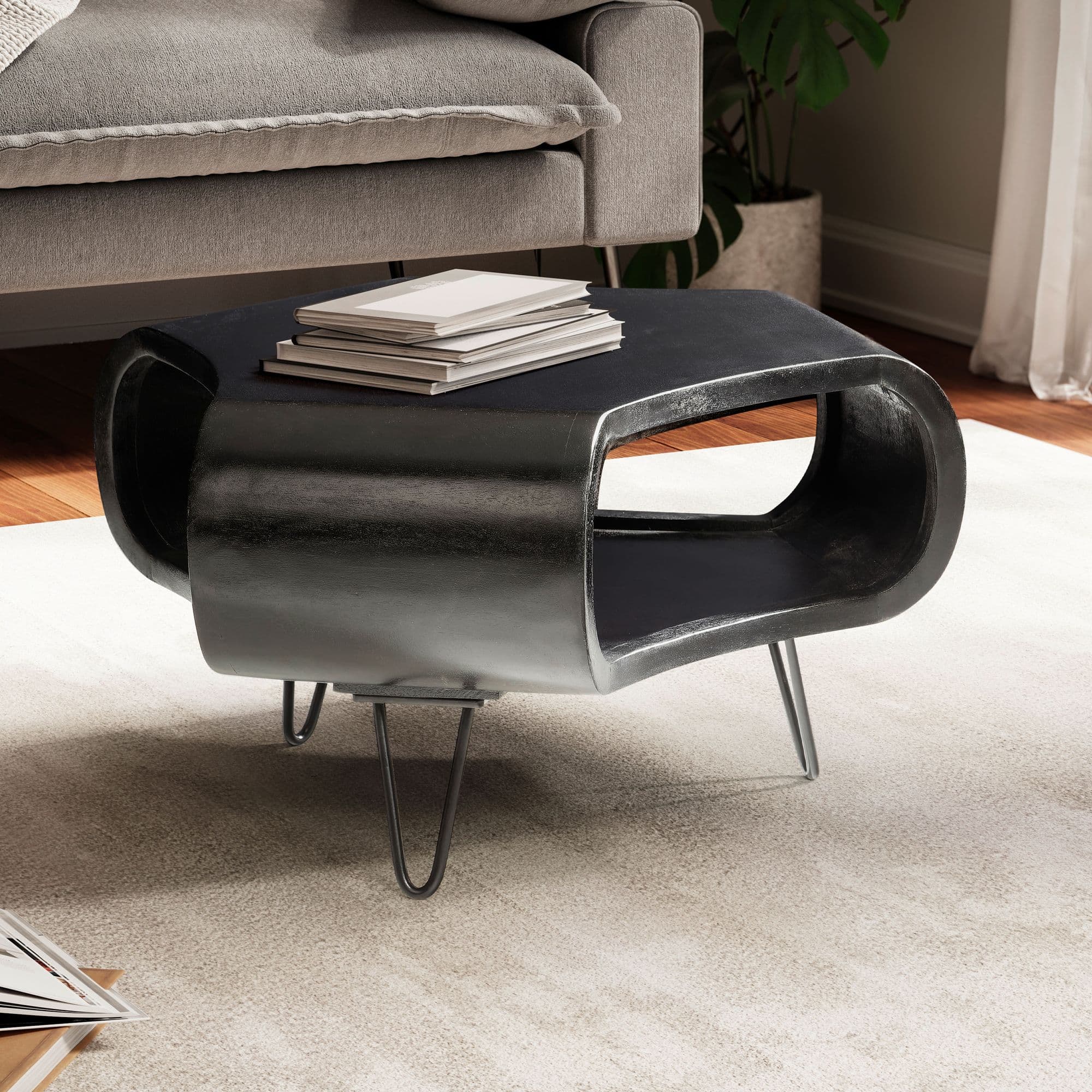 FineBuy Couchtisch Mango Massivholz 60cm Schwarz – Wohnzimmertisch mit Ablagefach und Metallbeinen | Design Tisch in Handarbeit | Retro Stil aus echtem Massivholz