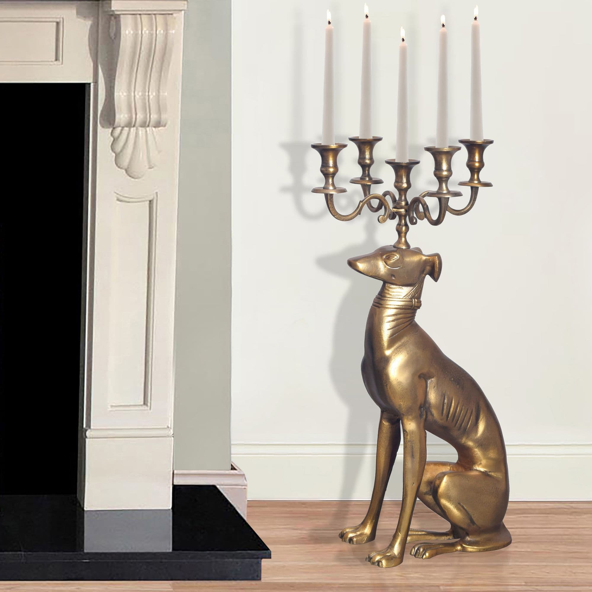 FineBuy Kerzenhalter Windhund Aluminium Gold 69 cm 5-armiger Kerzenleuchter, Kerzenständer Metall für fünf Kerzen, Bodenkerzenhalter Modern, Wohnaccessoire Hund