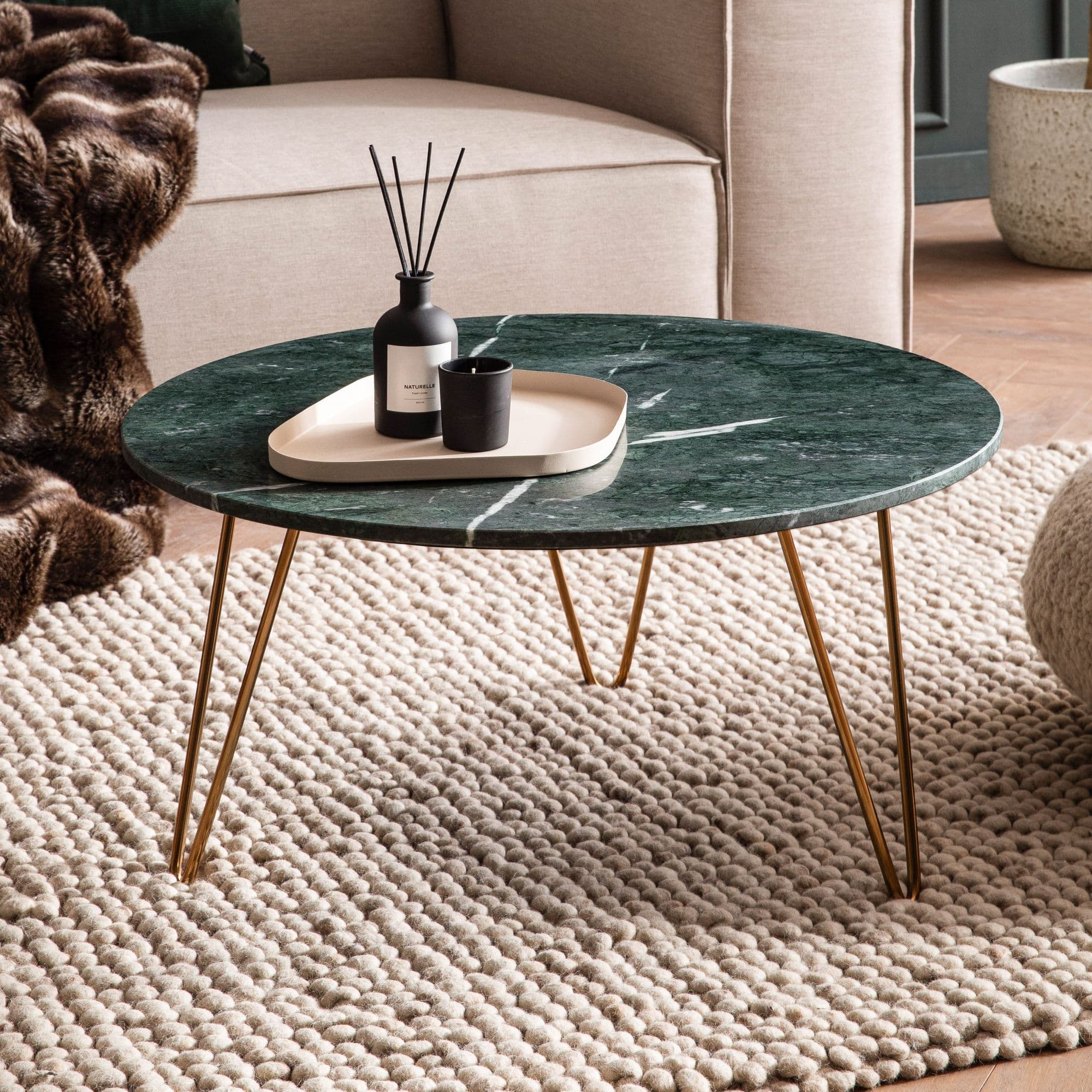 FineBuy Couchtisch Echter Marmor Grün 70x70x35 cm Sofatisch Metall Gold, Design Dreibein Wohnzimmertisch Rund Modern, Marmortisch Loungetisch Groß, Kaffeetisch Haarnadelbeine