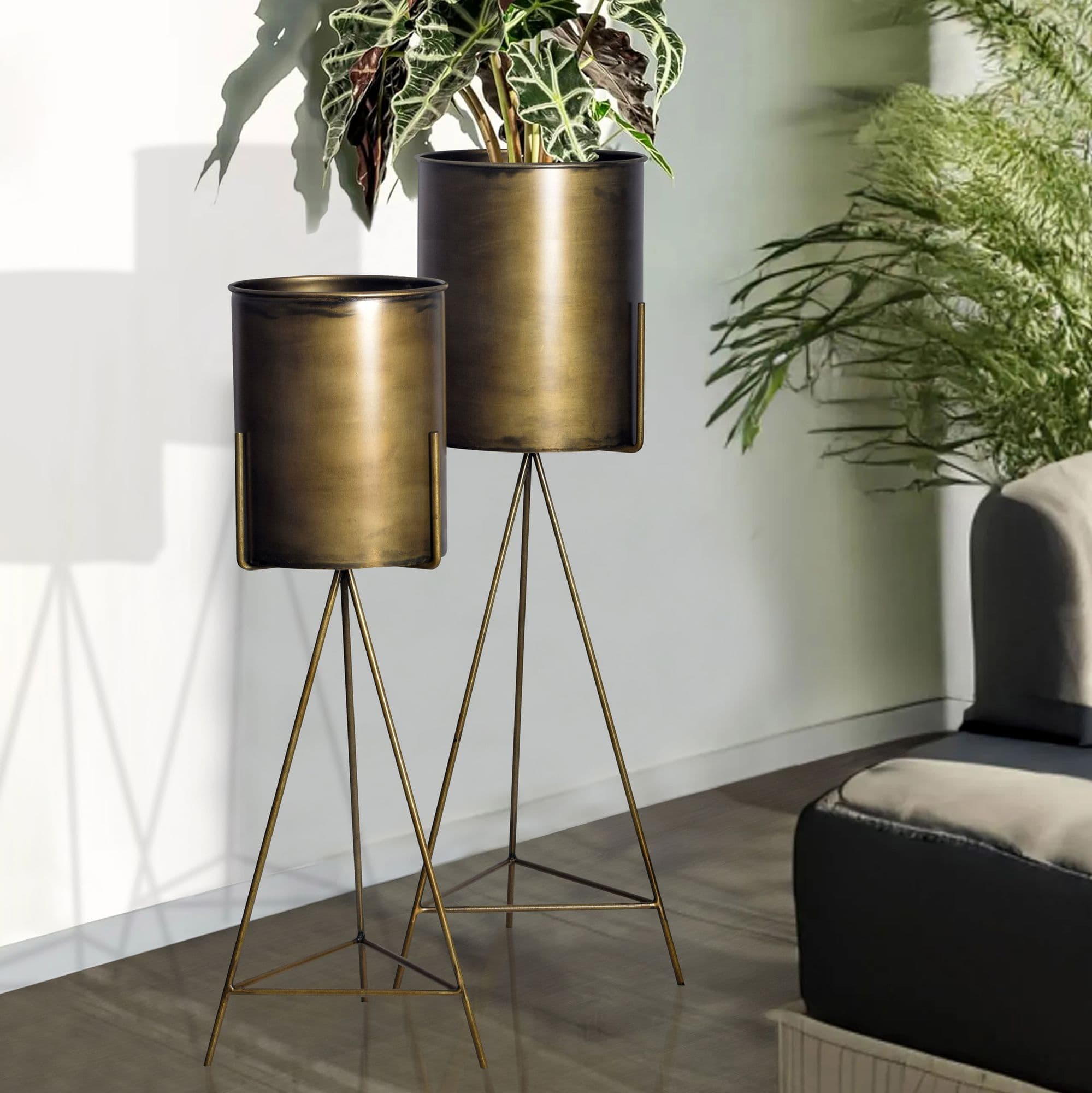 FineBuy Blumentopf 2er Set Metall Pflanzkübel Gold mit Gestell, Design Eisen-Pflanzenkübel Rund, Blumenkübel Pflanzgefäß Indoor Hoch