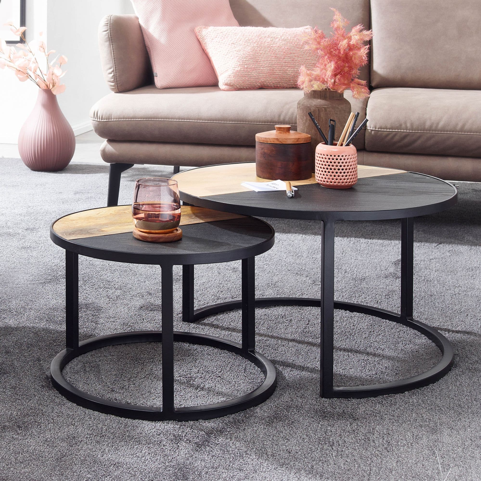 FineBuy Couchtisch Set 2er rund Mango Massivholz & Steinoptik · Wohnzimmertisch Beistelltisch mit Metallgestell Schwarz · Satztische im Industrial Loft Design