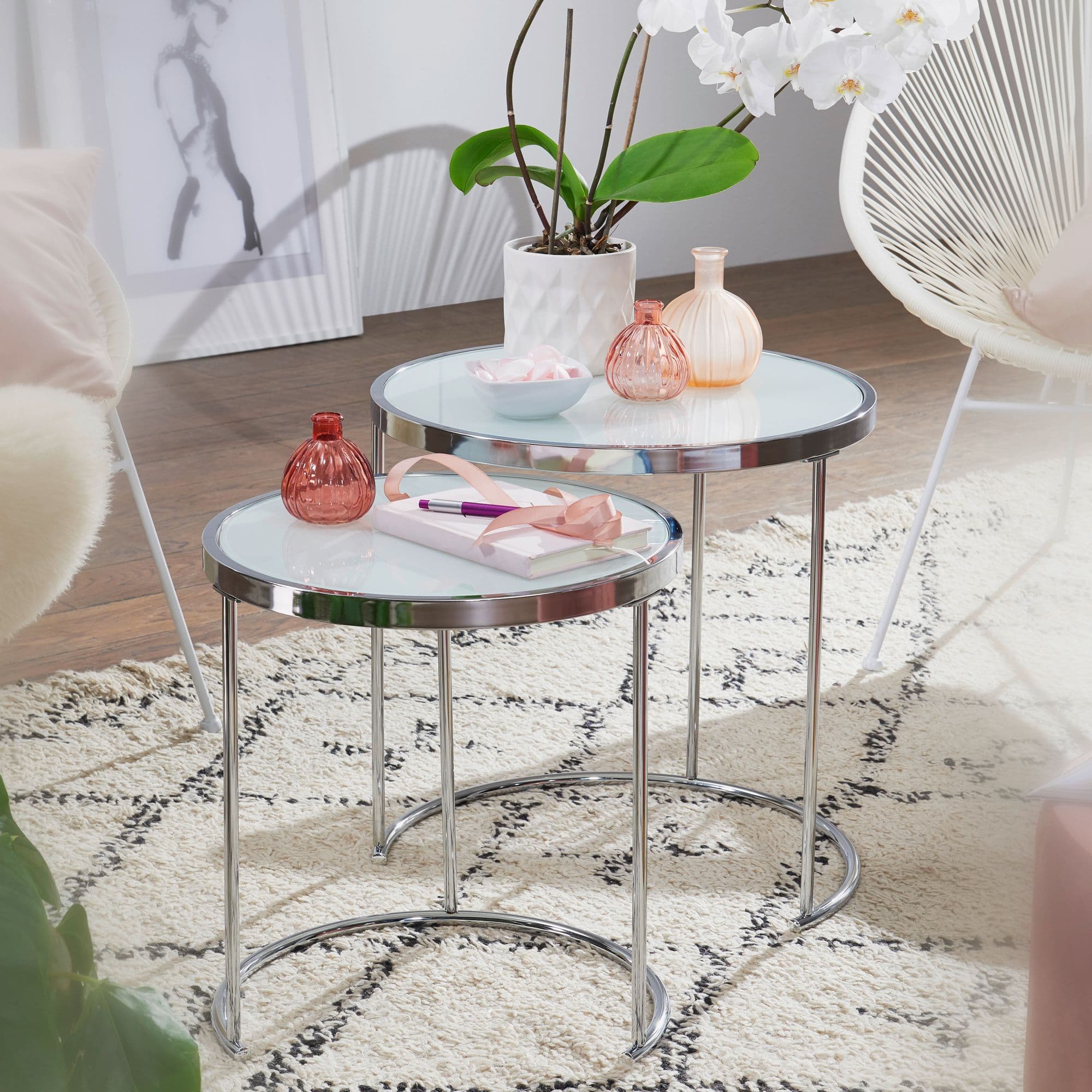 FineBuy Design Beistelltisch Rund Ø 50/42 cm - 2 teilig Weiß Silber mit Glasplatte, Wohnzimmertisch 2er Set, Satztisch Milchglas, Couchtisch