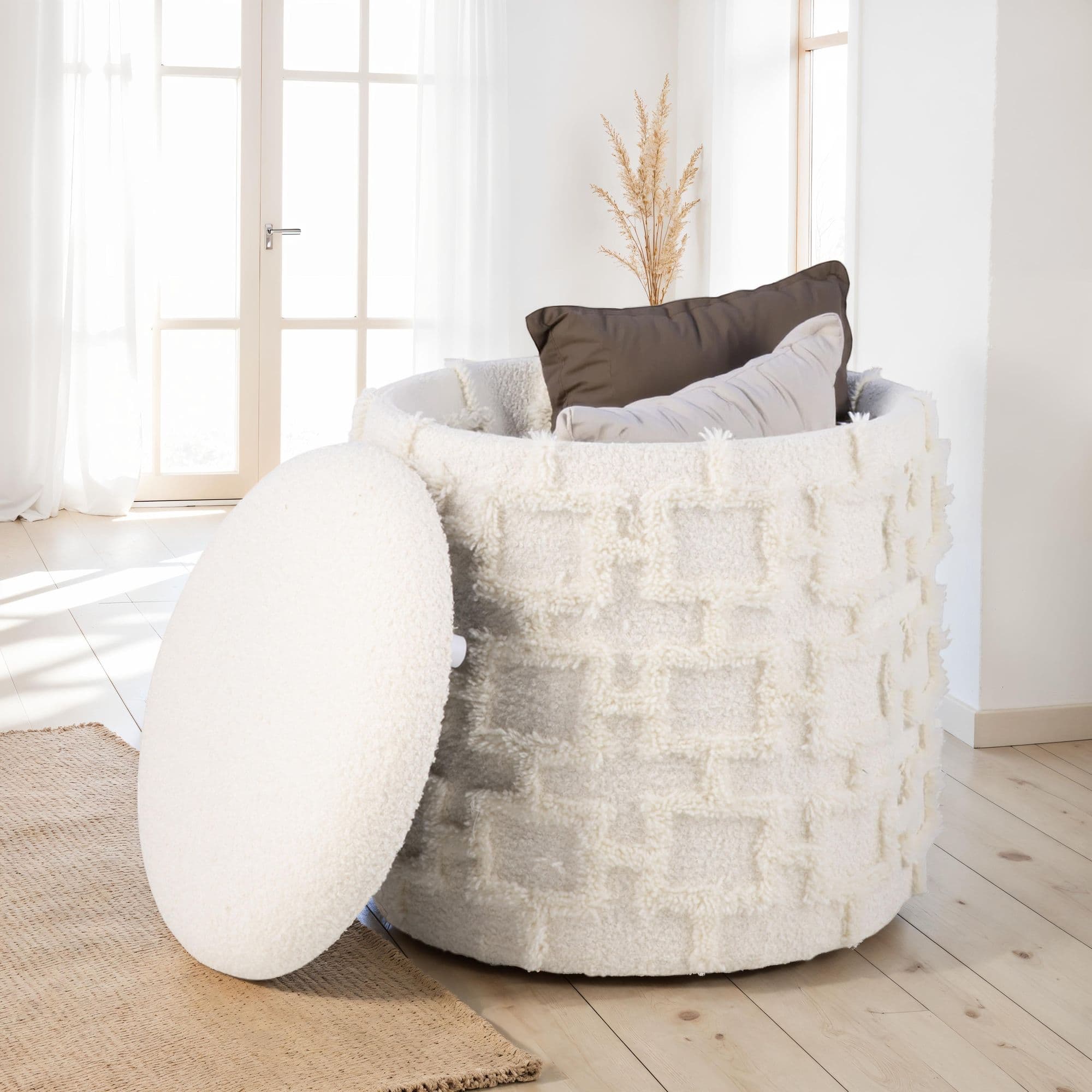 FineBuy Sitzhocker mit Stauraum 45x40 cm, Runder Polsterhocker mit weichem Strukturstoff & Deckel, Moderner Aufbewahrungshocker in Creme, Bequemer Hocker für Wohnzimmer, Schlafzimmer & Flur
