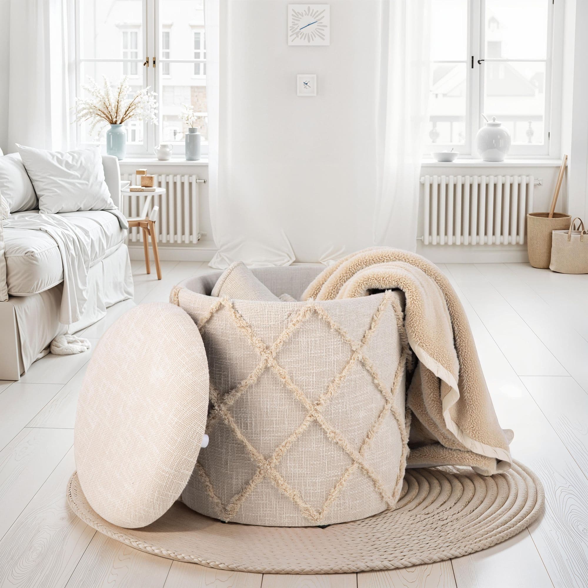 FineBuy Sitzhocker mit Stauraum rund 40x40x45 cm, Polsterhocker Creme Baumwolle Boho Design, Hocker mit abnehmbarem Deckel & Staufach, Stoff Dekohocker für Wohnzimmer, Schlafzimmer & Flur