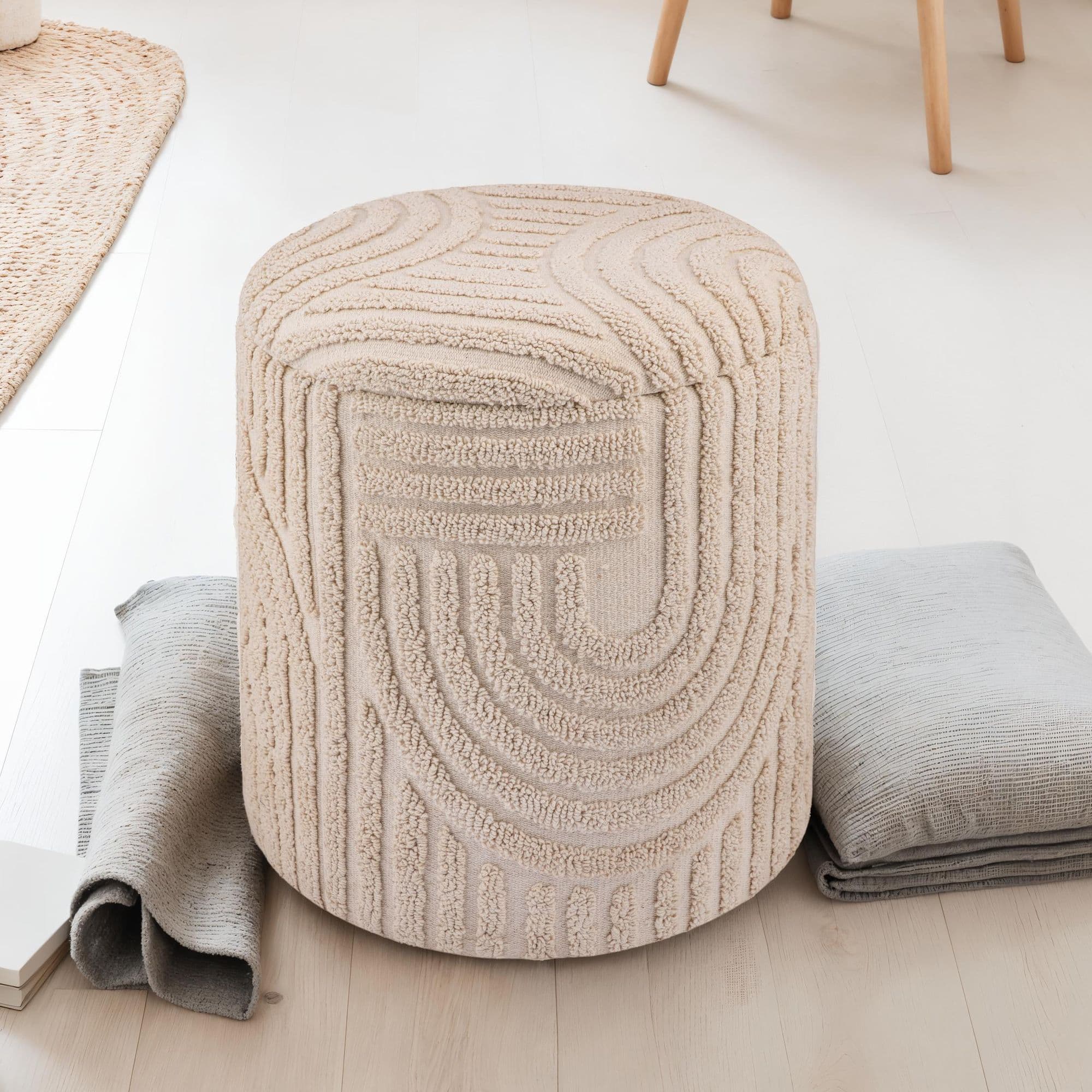 FineBuy Dekohocker mit Stauraum aus Baumwolle rund Ø40×45 cm, Sitzhocker mit abnehmbarem Deckel, Beistellhocker Beige, Polsterhocker Boho Design für Wohnzimmer & Schlafzimmer
