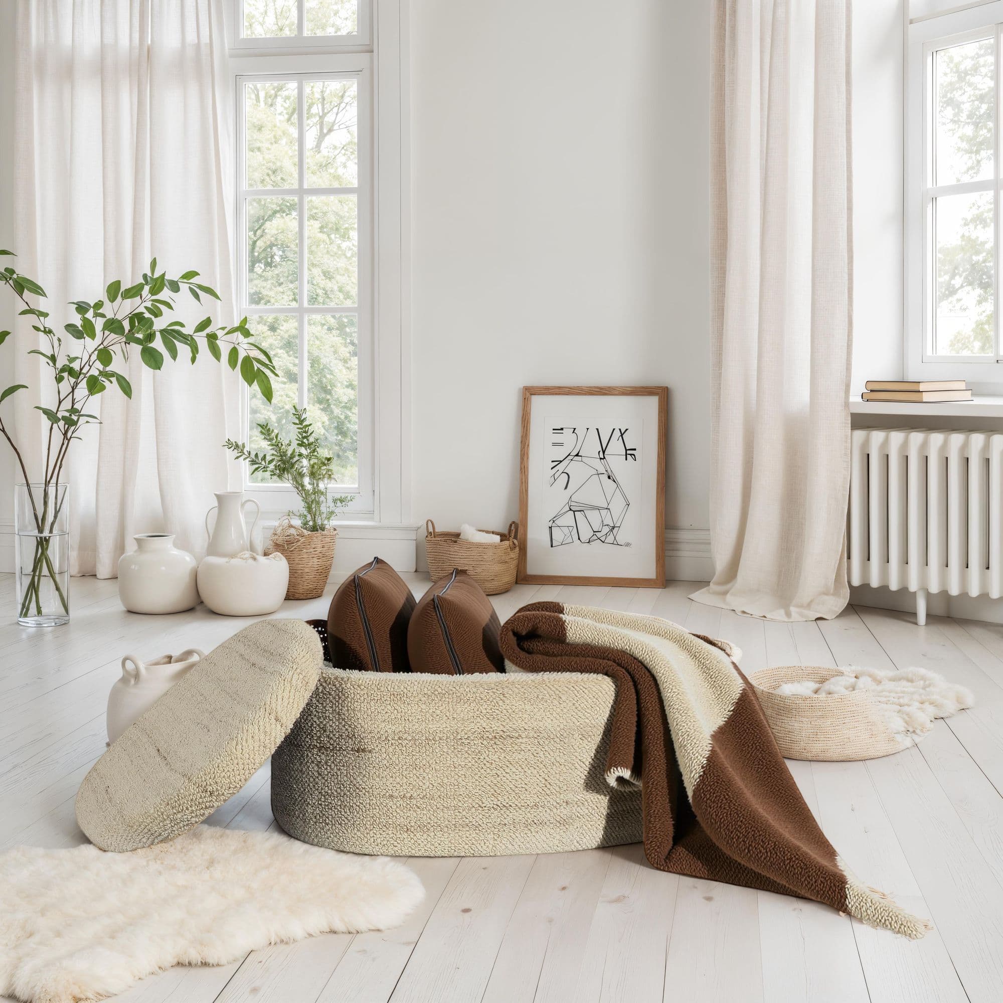 FineBuy Sitzhocker mit Stauraum Wolle oval 81 cm, abnehmbarer Deckel, Polsterhocker Stoff modern in Braun, Aufbewahrungshocker gepolstert für Wohnzimmer Schlafzimmer Flur