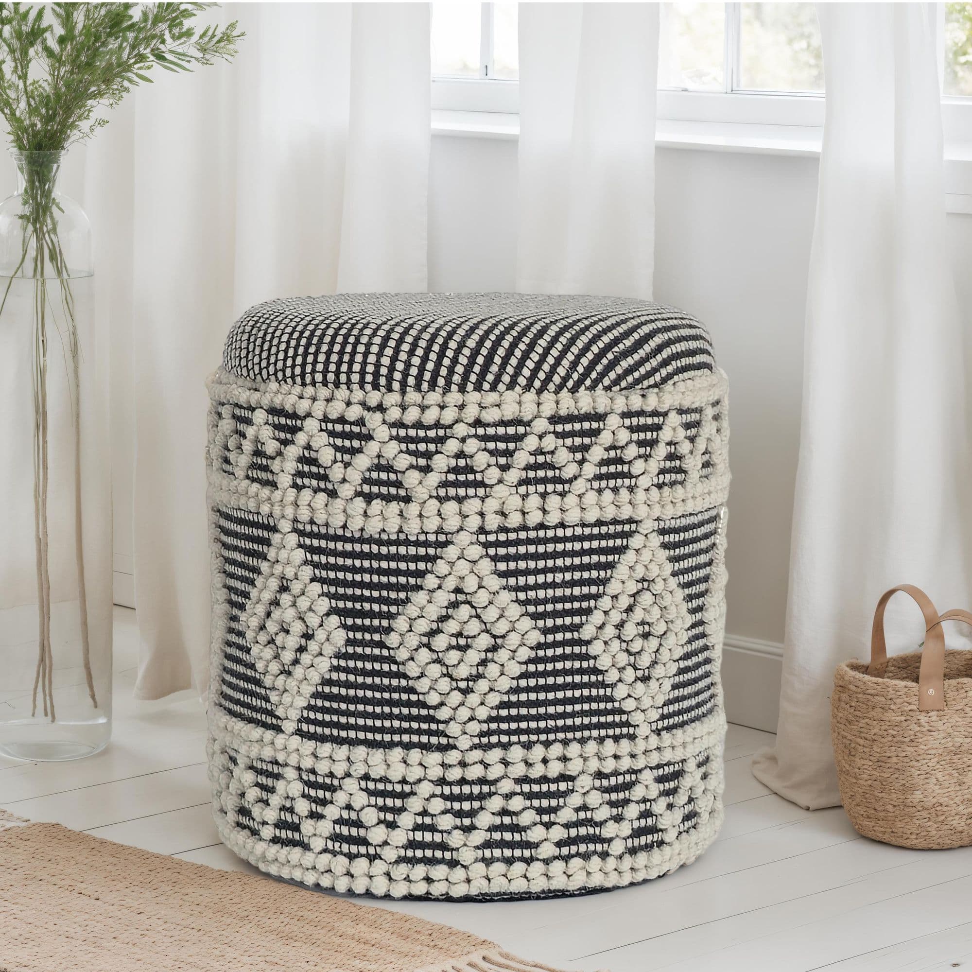 FineBuy Sitzhocker aus Wolle Ø 40 x 45 cm Grau-Creme Rund Boho Hocker mit Stauraum & abnehmbarem Deckel, Polsterhocker Modern für Wohnzimmer Schlafzimmer Flur