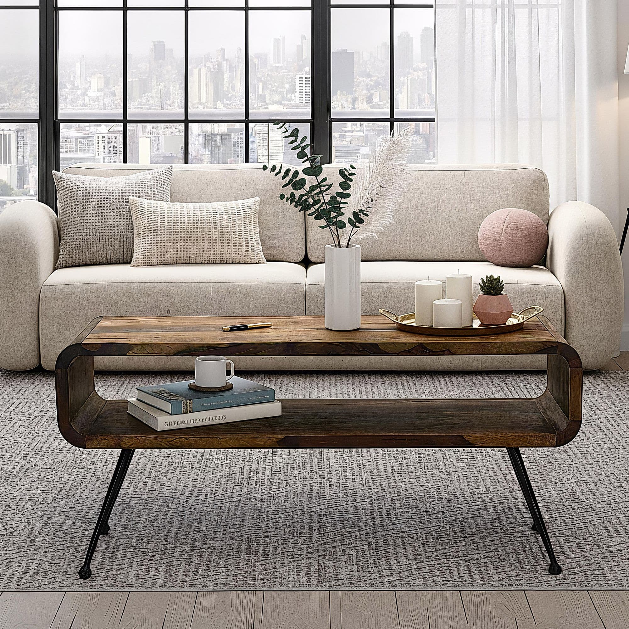 FineBuy Retro Couchtisch Sheesham Massivholz 100cm · Wohnzimmertisch rechteckig mit Ablagefach · Handgefertigter Sofatisch aus Holz mit Metallbeinen im Industrial Design