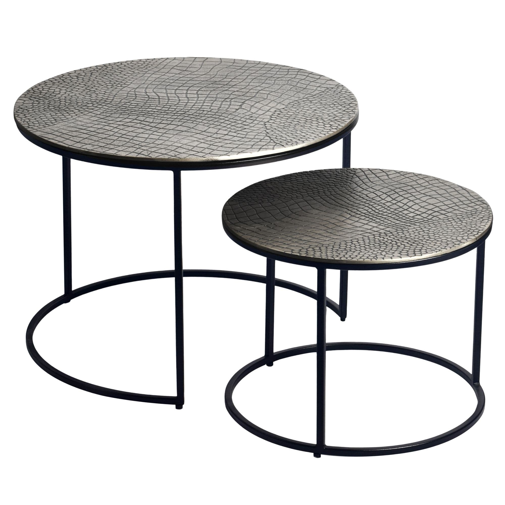 FineBuy Satztisch Metall 2er Set rund - Couchtisch Aluminium Tischplatten mit Muster - Beistelltisch Sofatisch Alu modern - Wohnzimmertisch Eisen Gestell Handmade