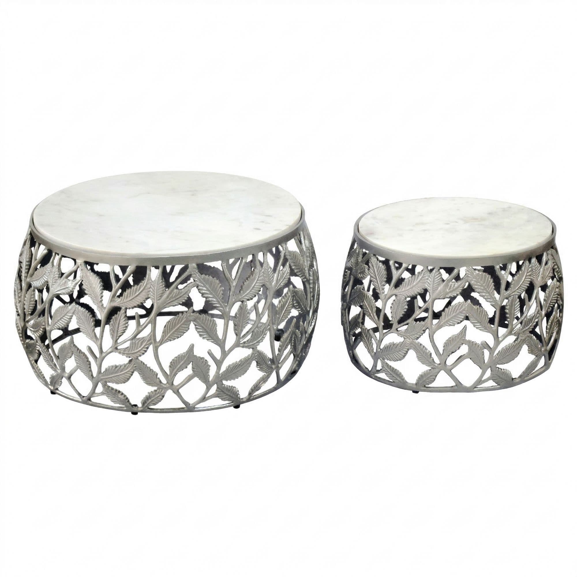 FineBuy 2er Set Couchtisch mit weißer Marmor Tischplatte - Wohnzimmer Tisch Satztisch rund - Beistelltisch Alu modern - Sofatisch Set Aluminium Metallgestell Design Handmade