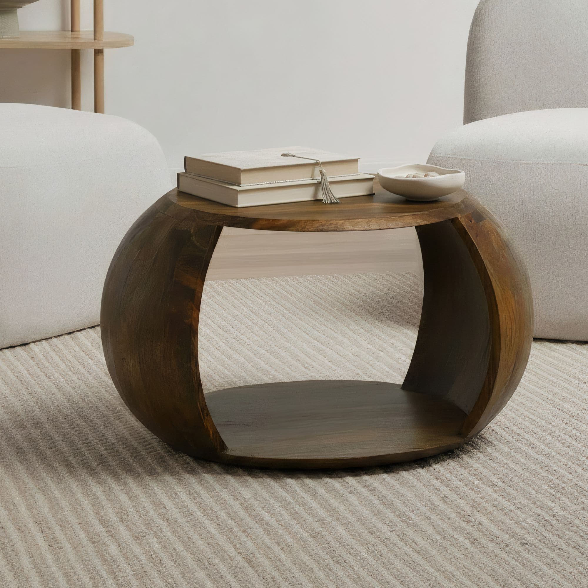FineBuy Couchtisch Mango Massivholz rund 60 cm x 46 cm x 36 cm - Wohnzimmertisch mit Ablagefach - Handgefertigter Sofatisch aus Echtholz im natürlichen Landhaus Design
