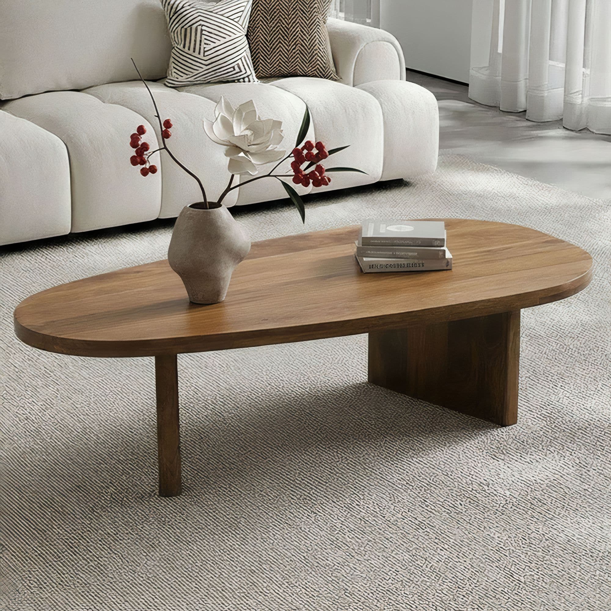 FineBuy Couchtisch Mango Massivholz oval 120cm - Handgefertigter Wohnzimmertisch im modernen Design mit abgerundeter Form - Flacher Beistelltisch Sofatisch aus Echtholz Handmade