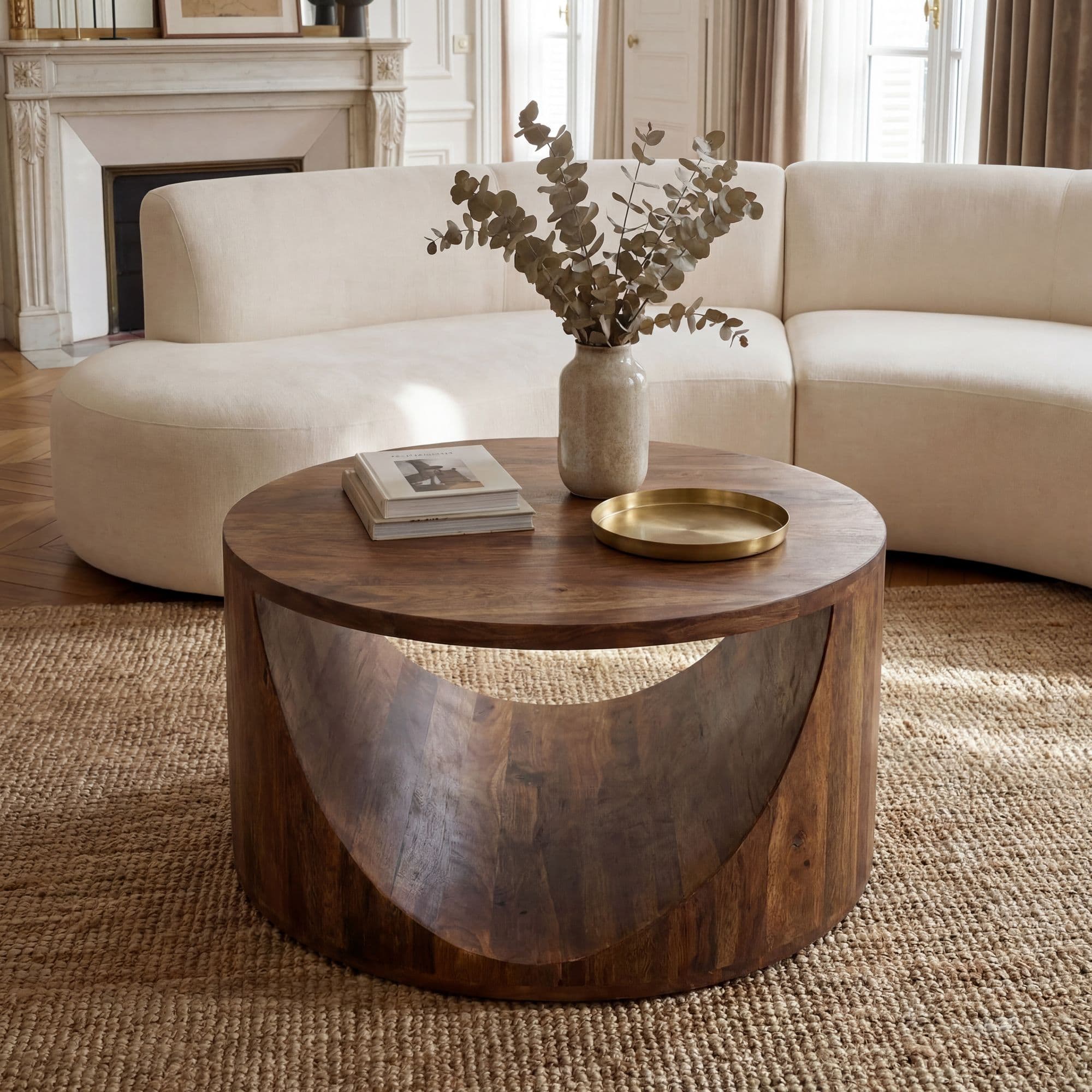 FineBuy Couchtisch Mango Massivholz Rund 60cm - Design Wohnzimmertisch mit Ablagefach - Ausgefallener Sofatisch Holz - Loungetisch Zylinder - Natur Beistelltisch Handmade