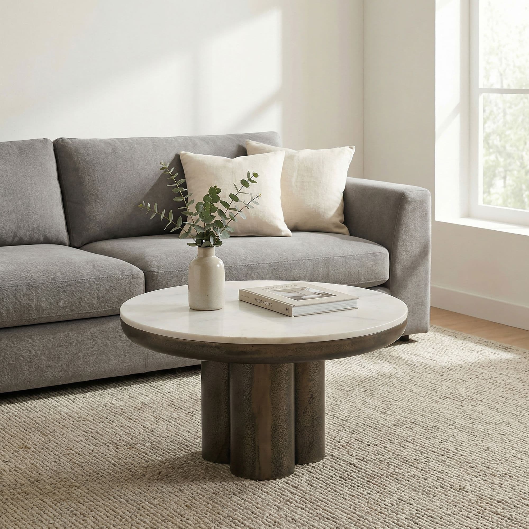 FineBuy Couchtisch Metall mit weißer Marmor Tischplatte 60cm Rund - Design Wohnzimmertisch Aluminium - Alu Loungetisch Säulenbein - Moderner Beistelltisch Sofatisch - Edler Kaffeetisch Handmade