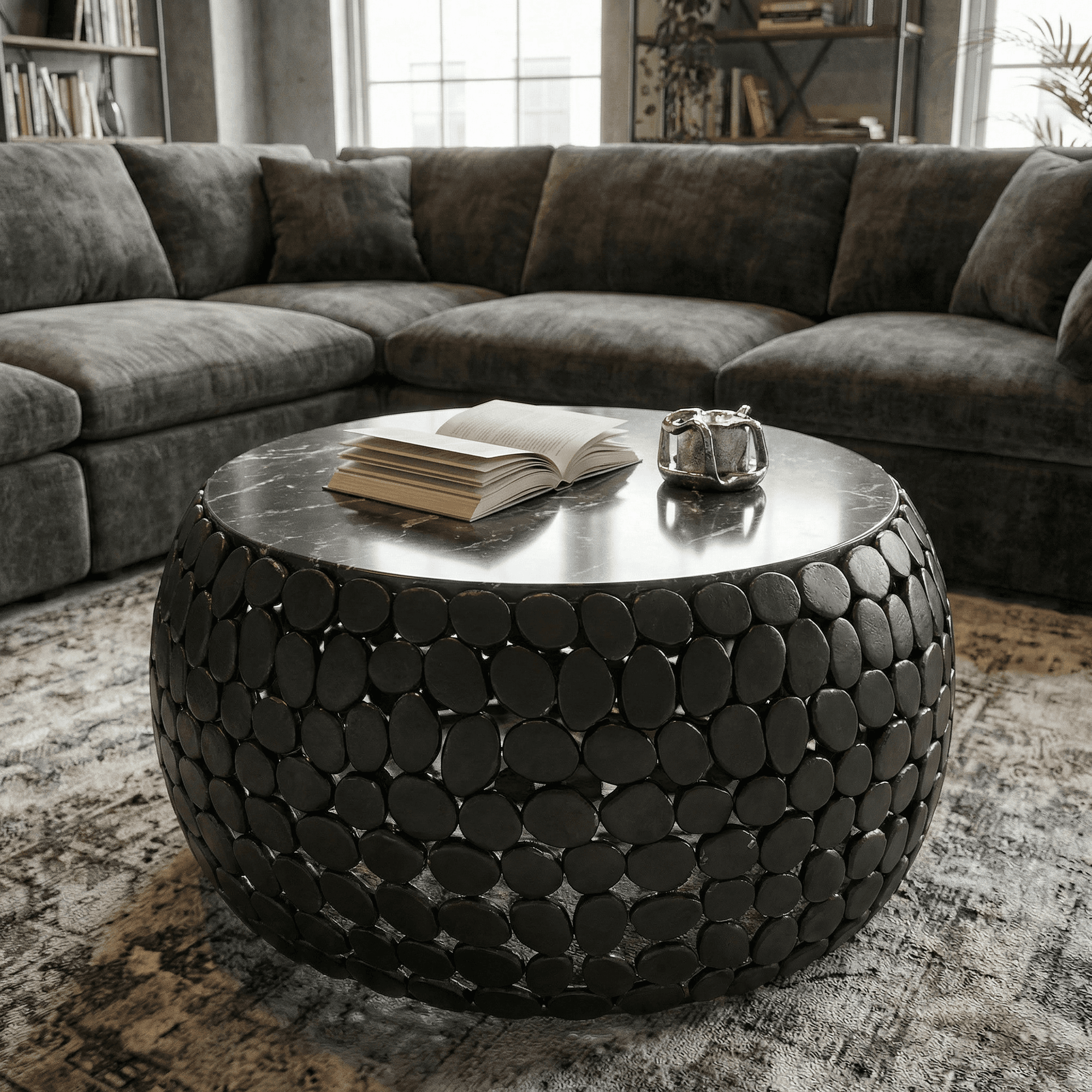 FineBuy Design Couchtisch rund 65 cm aus Aluminium und schwarzer Marmor Tischplatte - Wohnzimmertisch Alu - Metall Sofatisch - Beistelltisch Wohnzimmer - Handmade