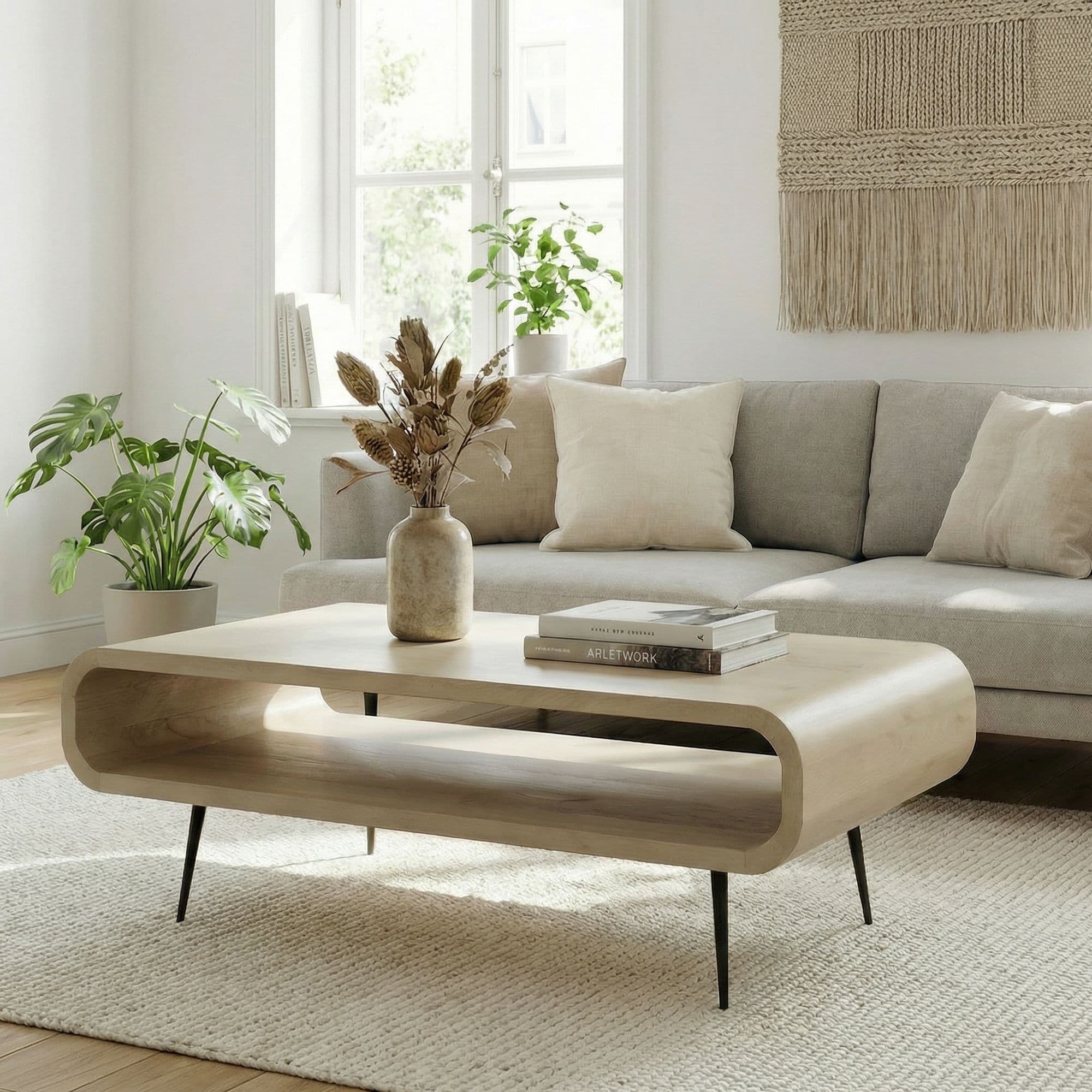 FineBuy Couchtisch Mango Massivholz white wash 90cm - Design Wohnzimmertisch mit Metall Beine - Rechteckiger Sofatisch Ablage Retro - Loungetisch Holz - Natur Beistelltisch Handmade