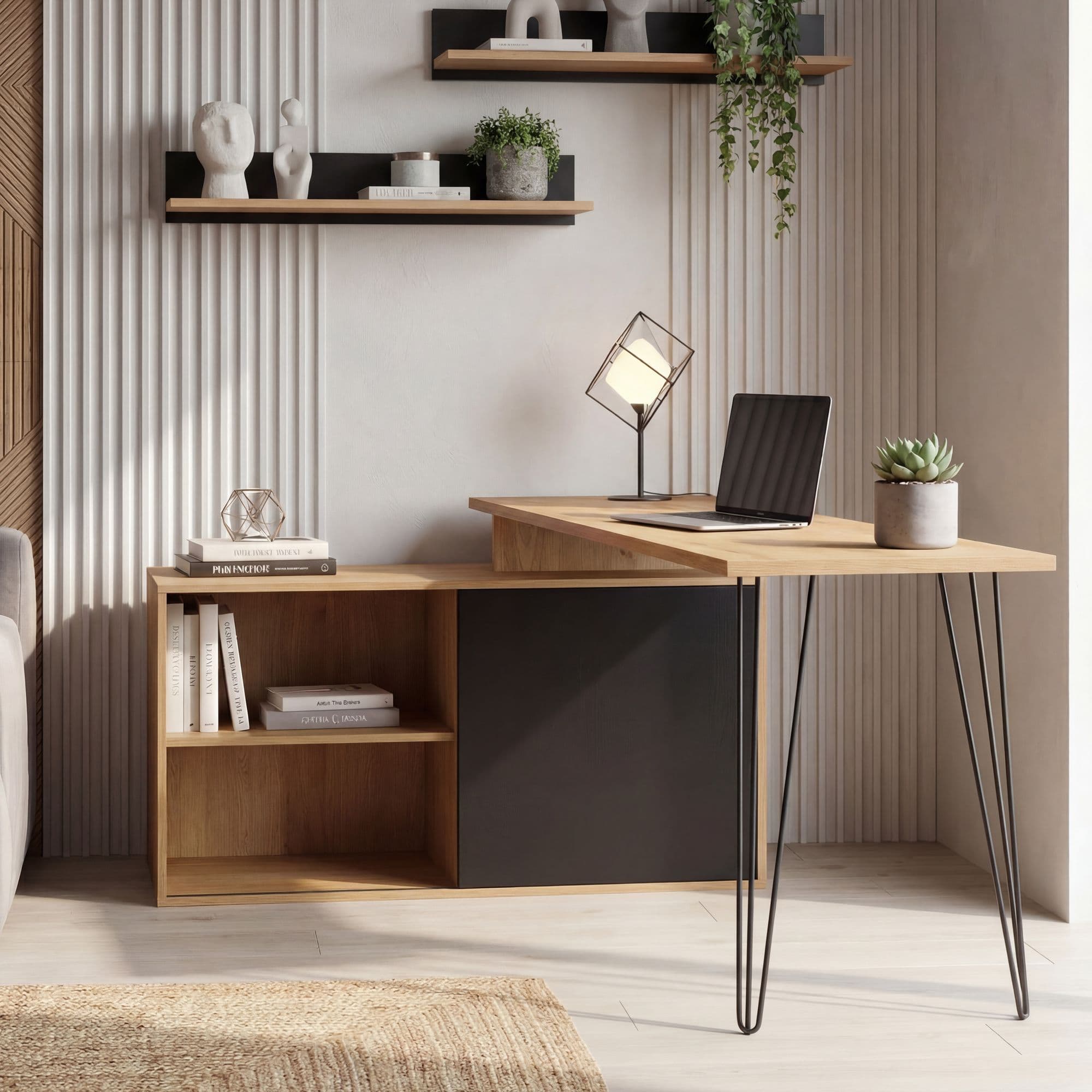 FineBuy Schreibtisch MDF 130cm Eiche Dekor Schwarz L Form mit Regal - Design Eckschreibtisch mit Schrank - Computertisch Holzoptik - Schreibtischkombination Schiebetür Stauraum Hairpin Homeoffice