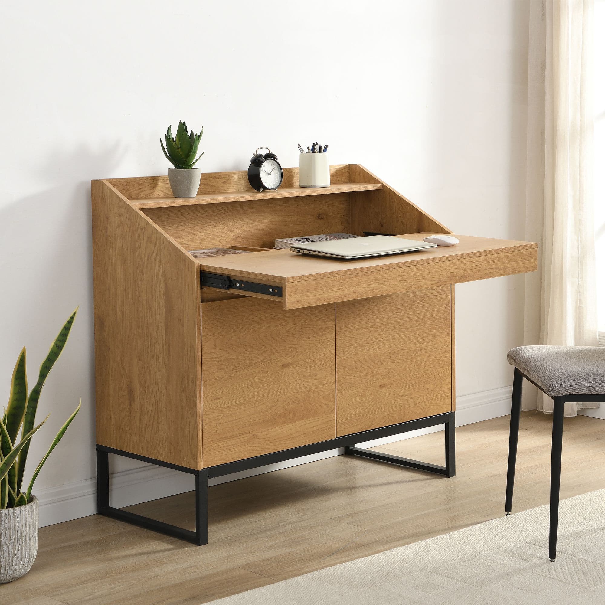 FineBuy Sekretär MDF 100cm Eiche Dekor Metall Beine Rechteckig - Design Kompakt Schreibtisch Ausziehbar mit Stauraum - Schreibtisch Holzoptik - Bürotisch mit Schrank Home Office