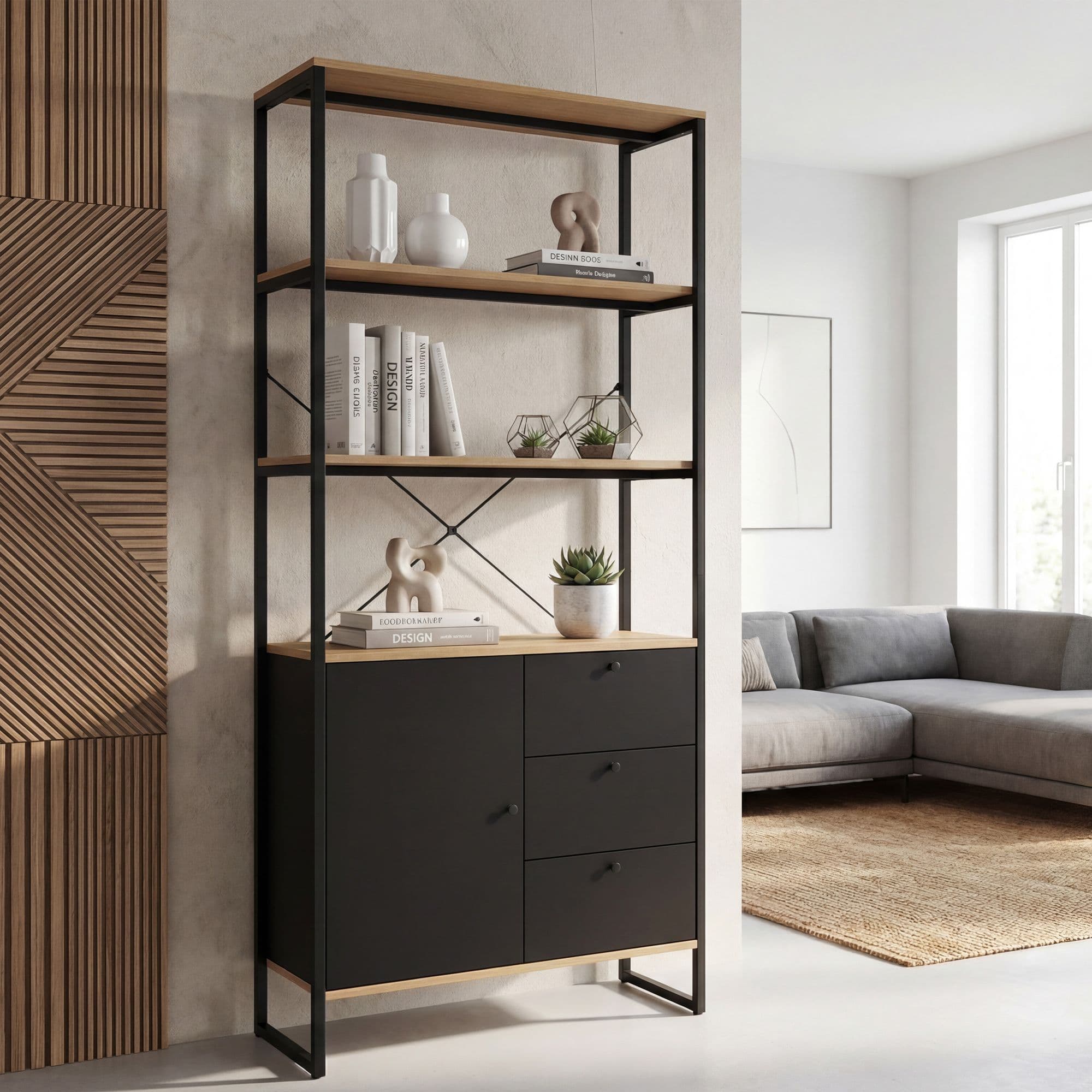 FineBuy Bücherregal MDF Metall 180cm Eiche Dekor Schwarz - Design Standregal - Mehrzweckregal Holzoptik hoch - Regal mit Schubladen und Tür - Stauraumregal Wohnzimmerregal