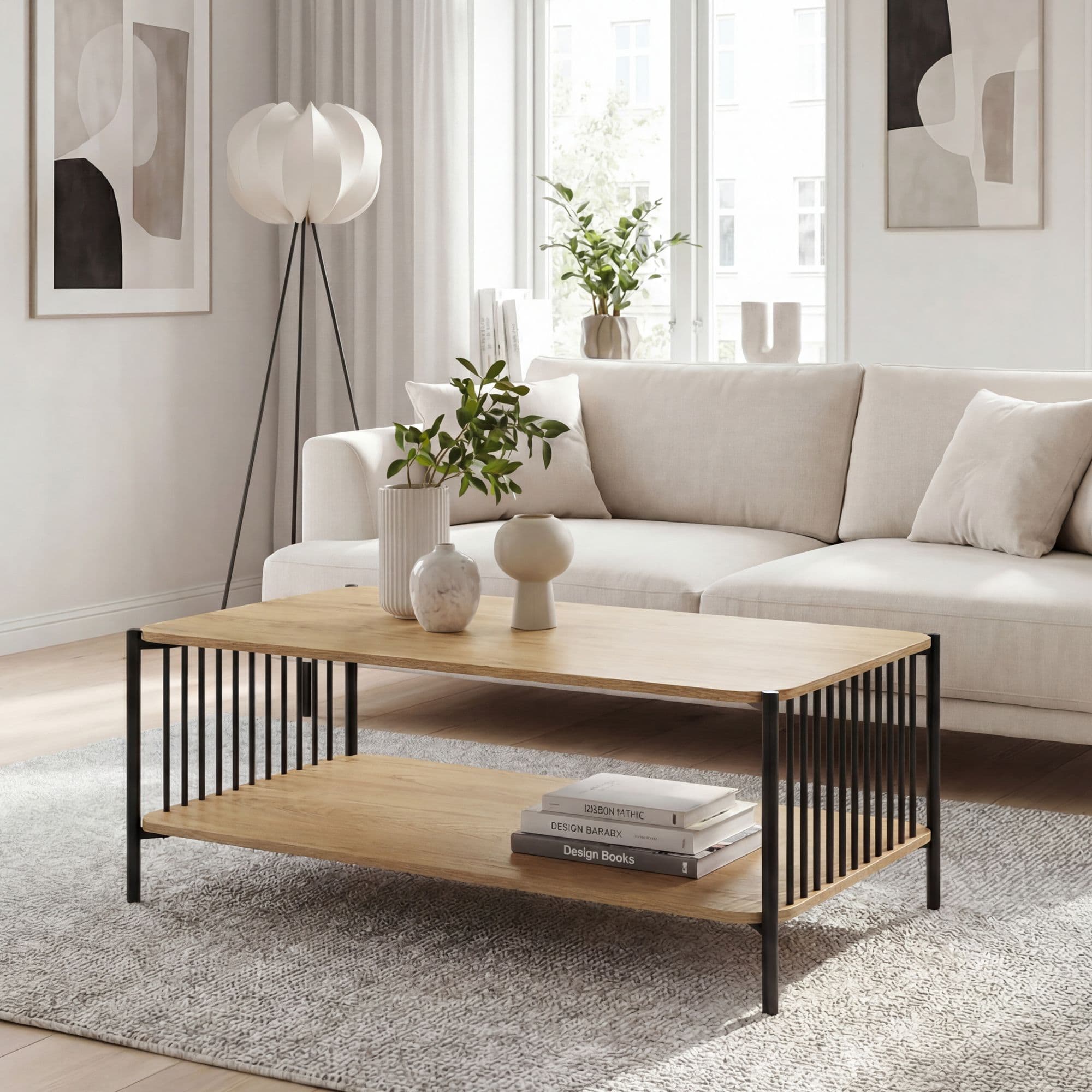 FineBuy Couchtisch 110x60cm Eiche Optik Rechteckig - Design Sofatisch Metall - Wohnzimmertisch Ablage - Loungetisch Stauraum - Beistelltisch Kaffeetisch