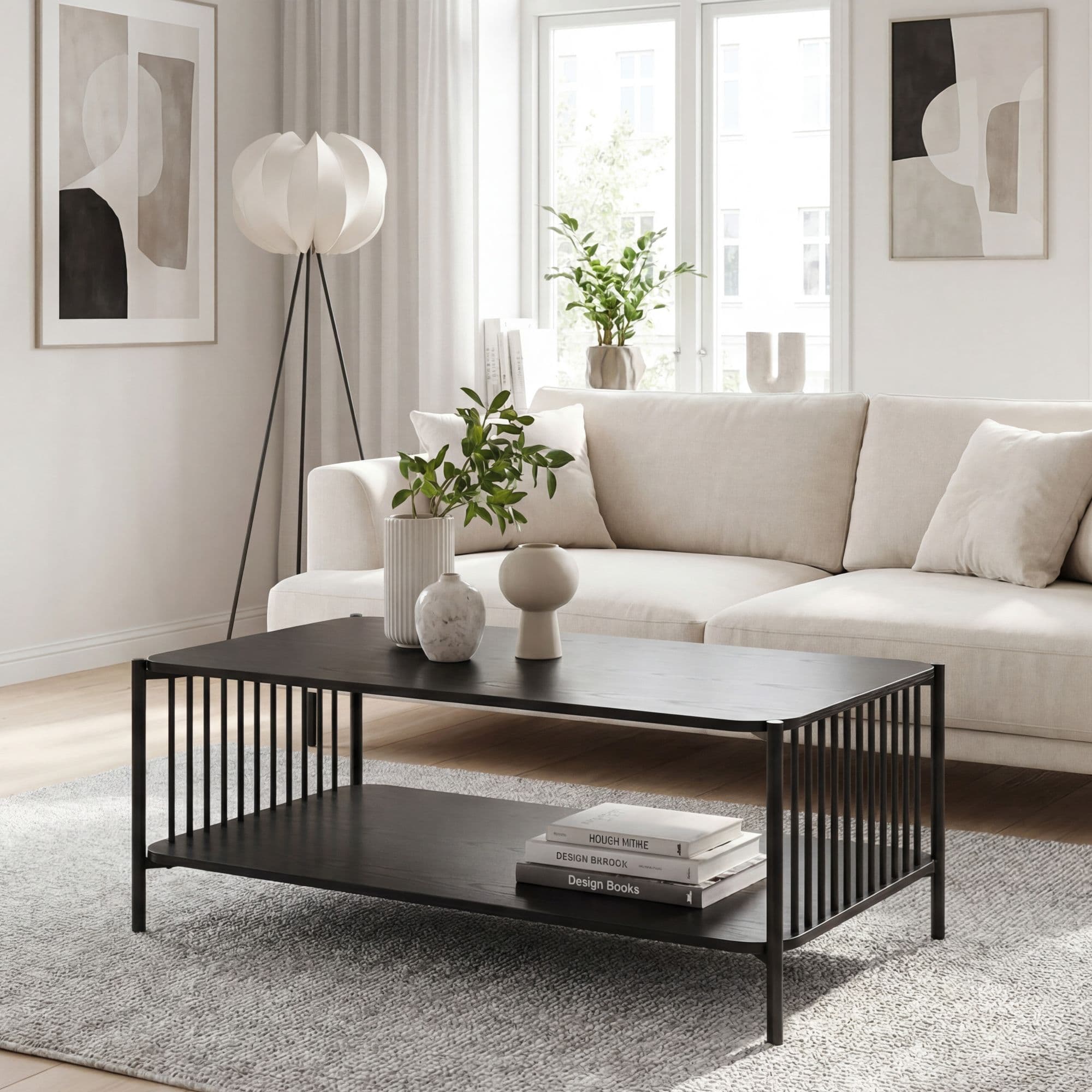 FineBuy Couchtisch 110x60cm Eiche Optik Schwarz Rechteckig - Design Sofatisch Metall - Wohnzimmertisch Ablage - Loungetisch Stauraum - Beistelltisch Kaffeetisch