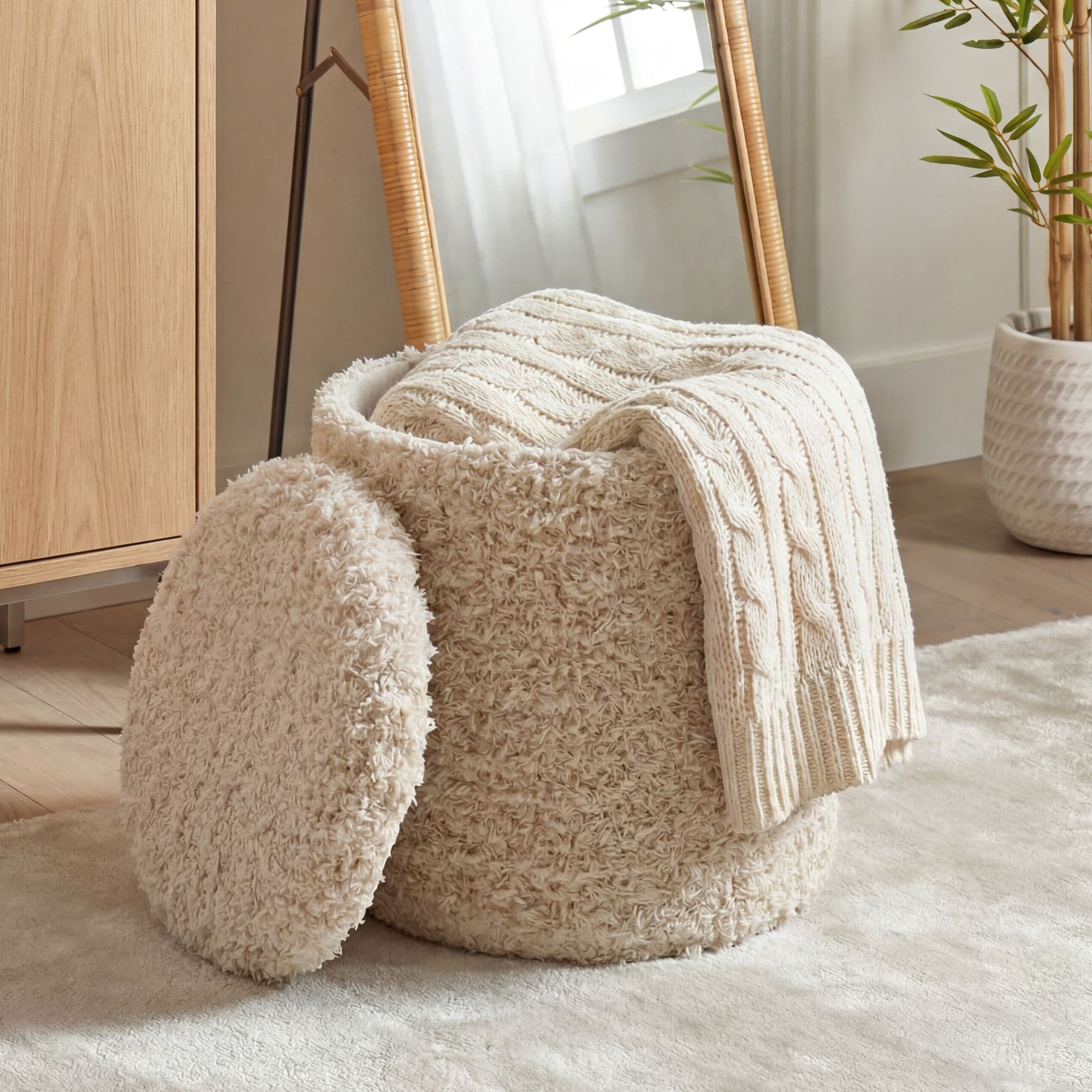 FineBuy Sitzhocker mit Stauraum aus Wolle 40cm Beige Stoff Rund - Design Boho Stoffhocker mit abnehmbarem Deckel - Polsterhocker Schminktisch Hocker - Beistellhocker für Wohnzimmer Handmade