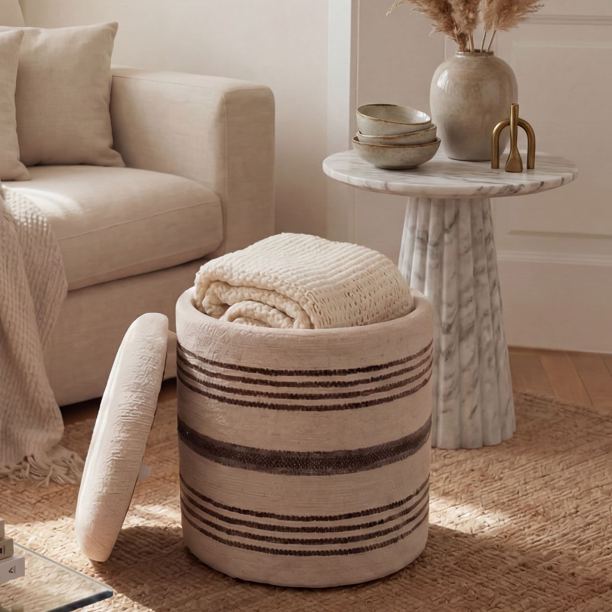 FineBuy Sitzhocker mit Stauraum aus Wolle 40cm Beige Stoff Rund - Design Boho Stoffhocker mit abnehmbarem Deckel - Polsterhocker Schminktisch Hocker - Beistellhocker für Wohnzimmer Handmade