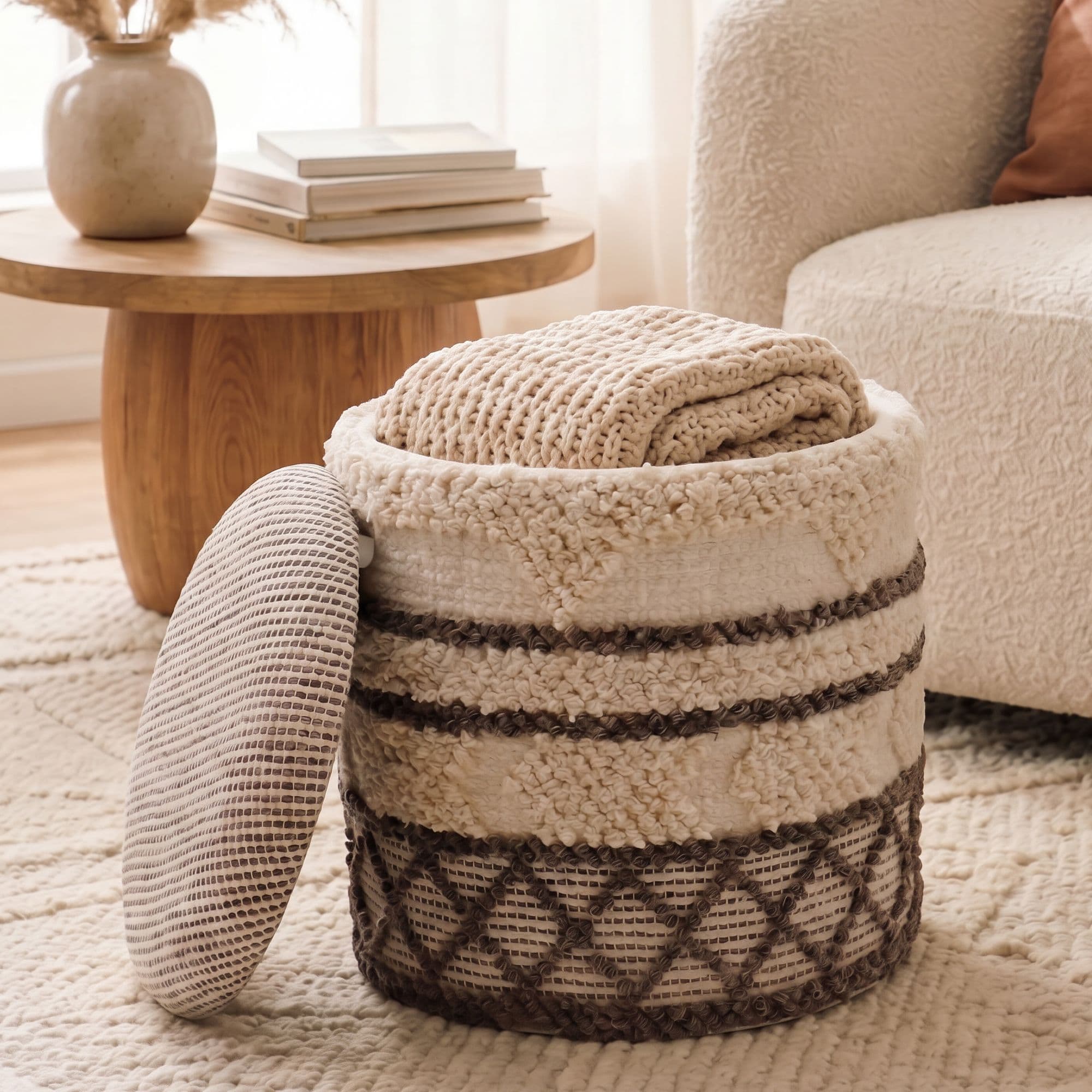 FineBuy Sitzhocker mit Stauraum aus Wolle 40cm Beige Stoff Rund - Design Boho Stoffhocker mit abnehmbarem Deckel - Polsterhocker Schminktisch Hocker - Beistellhocker für Wohnzimmer Handmade