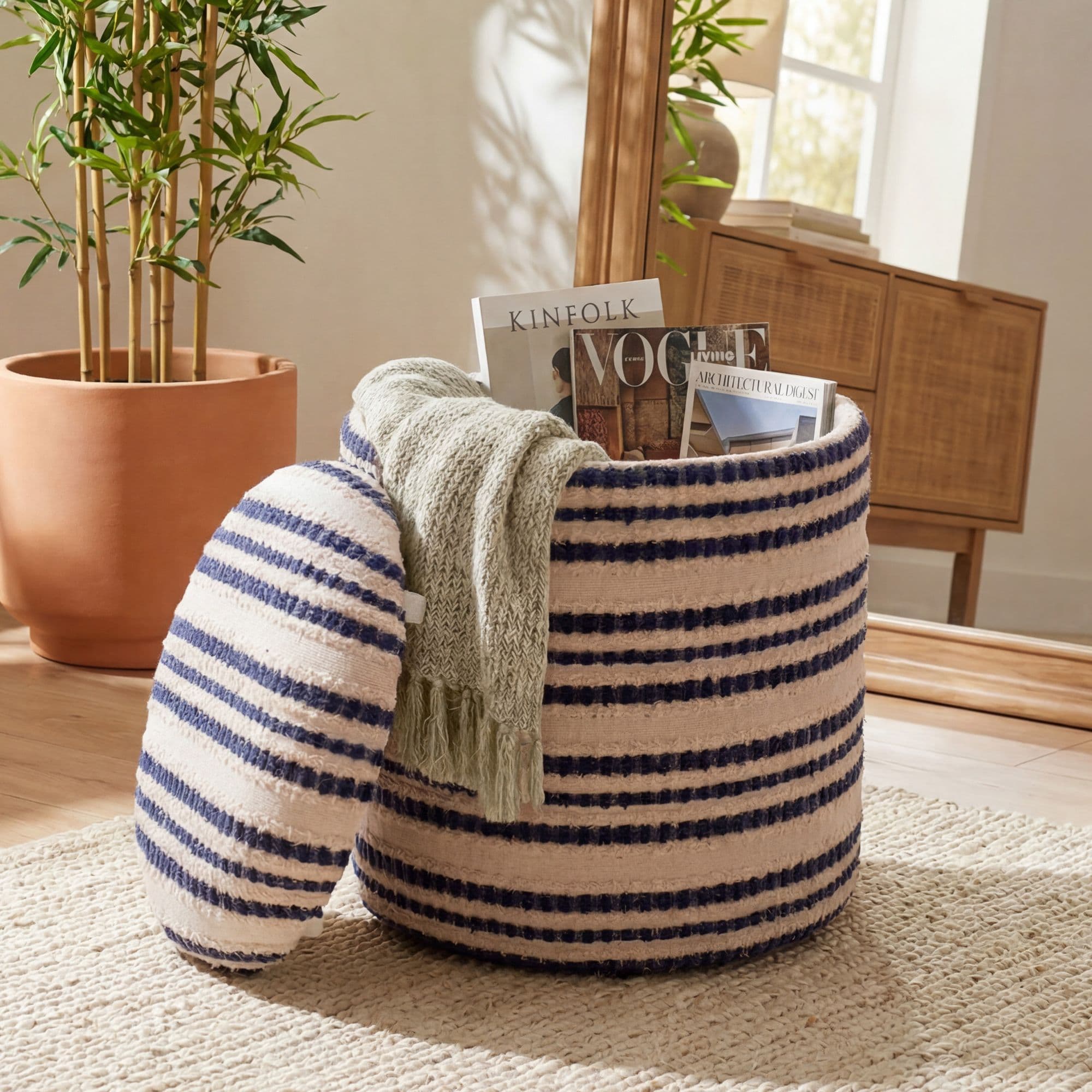 FineBuy Sitzhocker mit Stauraum aus Baumwolle 40cm Beige Stoff Rund - Design Boho Stoffhocker mit abnehmbarem Deckel - Polsterhocker Schminktisch Hocker - Beistellhocker für Wohnzimmer Handmade