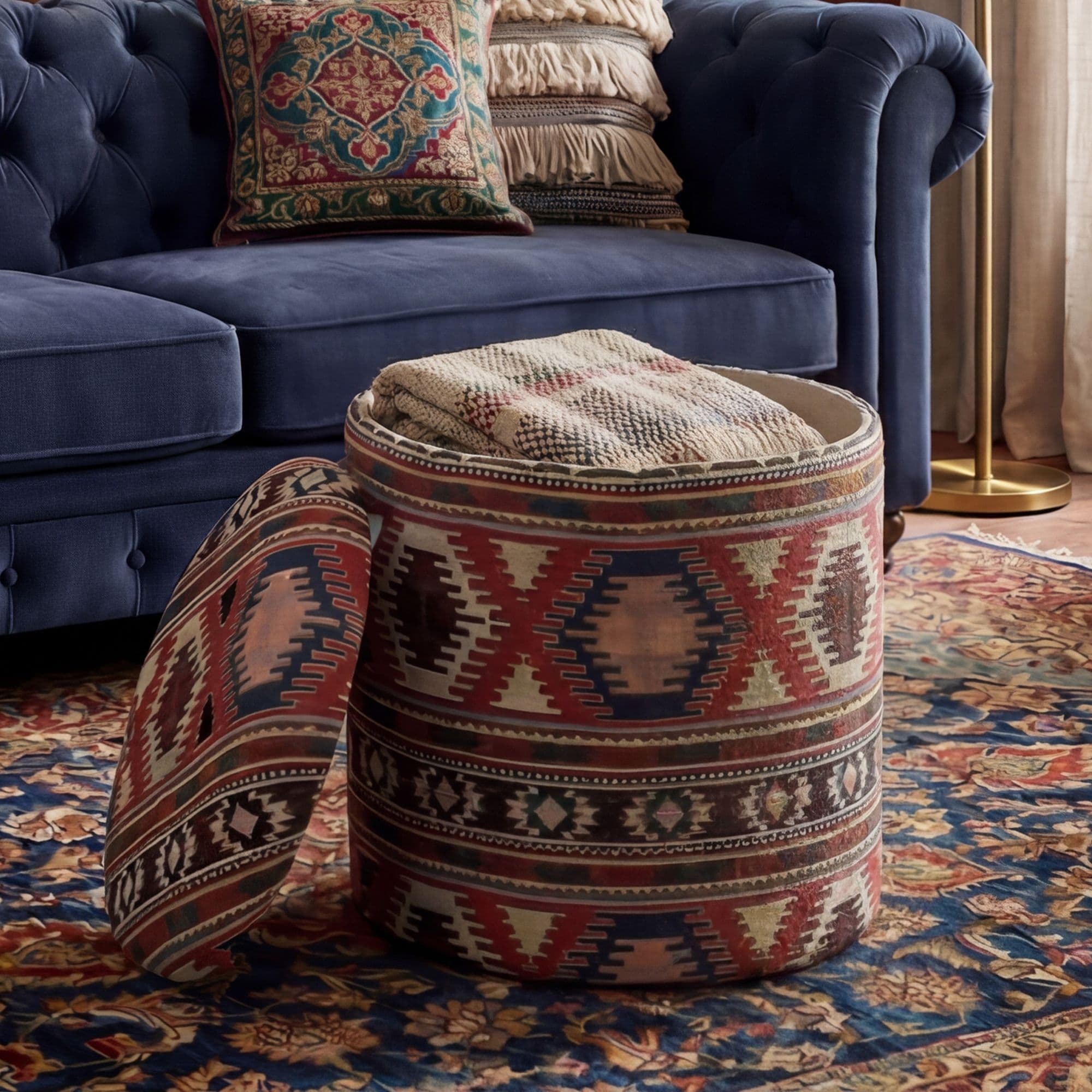 FineBuy Sitzhocker mit Stauraum aus Stoff 40cm Mehrfarbig Rund - Design Boho Stoffhocker mit abnehmbarem Deckel - Ethno Polsterhocker Schminktisch Hocker - Beistellhocker für Wohnzimmer Handmade