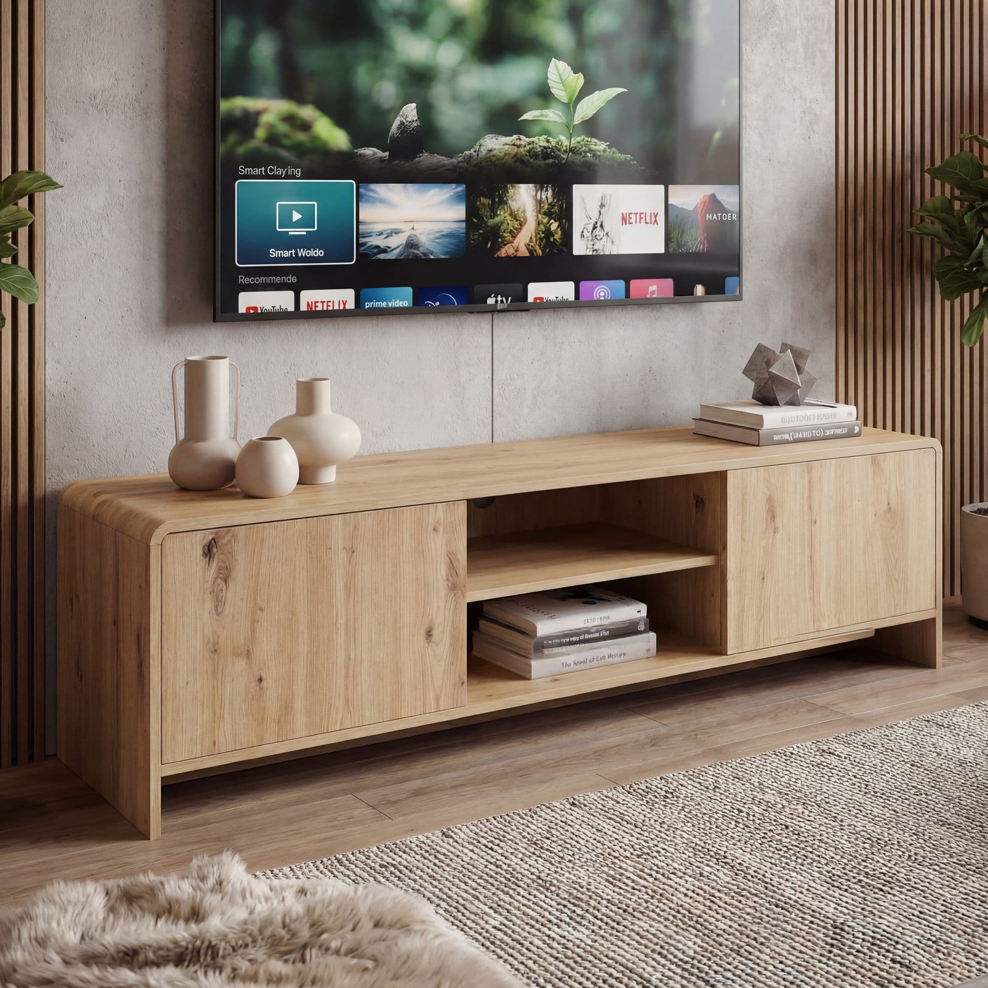 FineBuy TV Lowboard 155cm Eiche Dekor - Moderner Fernsehschrank mit 2 Türen und Ablage - Stilvolle Fernsehkommode TV Kommode - Elegante TV Anrichte fürs Wohnzimmer