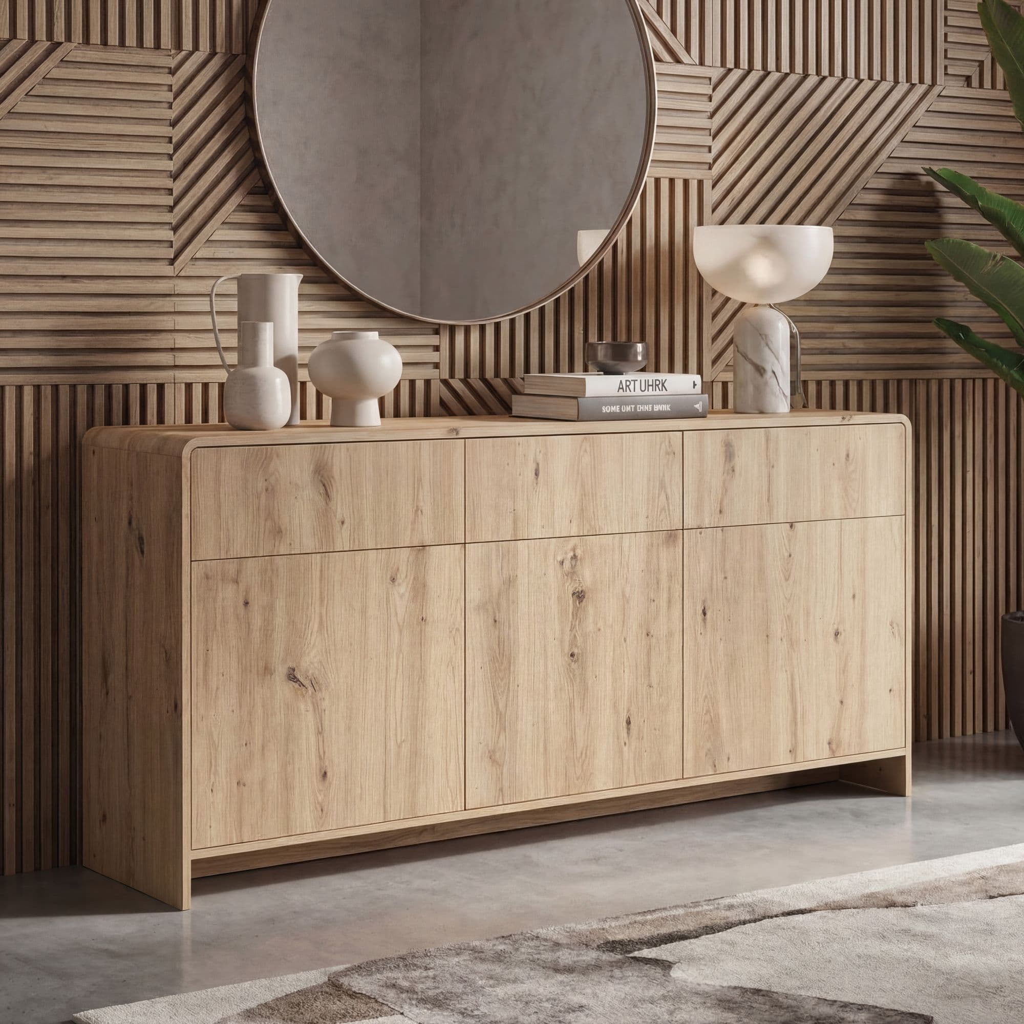 FineBuy Sideboard Eiche Dekor 155cm - Kommode mit 3 Türen und 3 Schubladen - Design Anrichte Grifflos Push to Open Modern