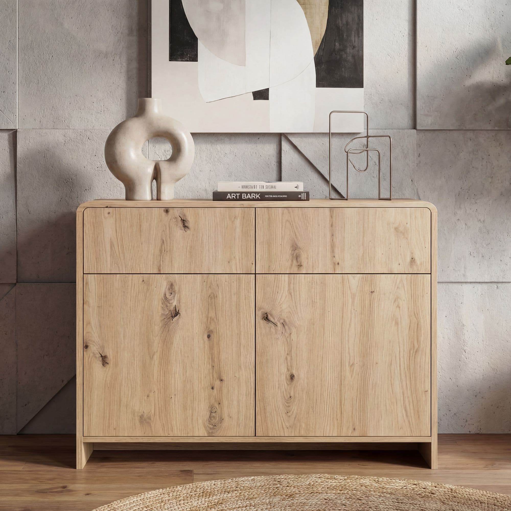 FineBuy Sideboard Eiche Dekor 88cm - Kommode mit 2 Türen und 2 Schubladen - Design Anrichte Grifflos Push to Open Modern