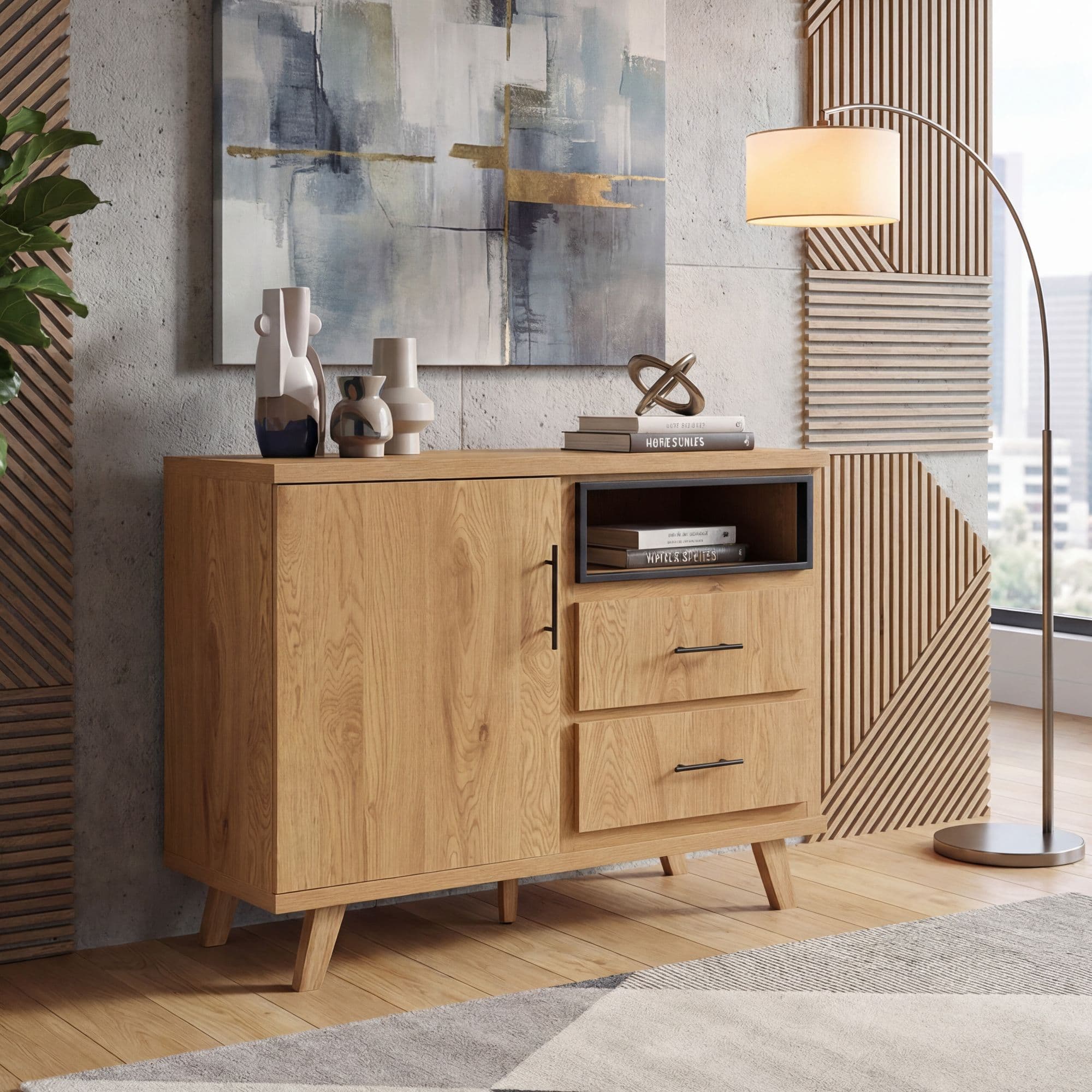 FineBuy Sideboard Eiche Dekor 116cm - Kommode mit Tür und 2 Schubladen - Design Anrichte offenes Ablagefach - Standschrank Modern