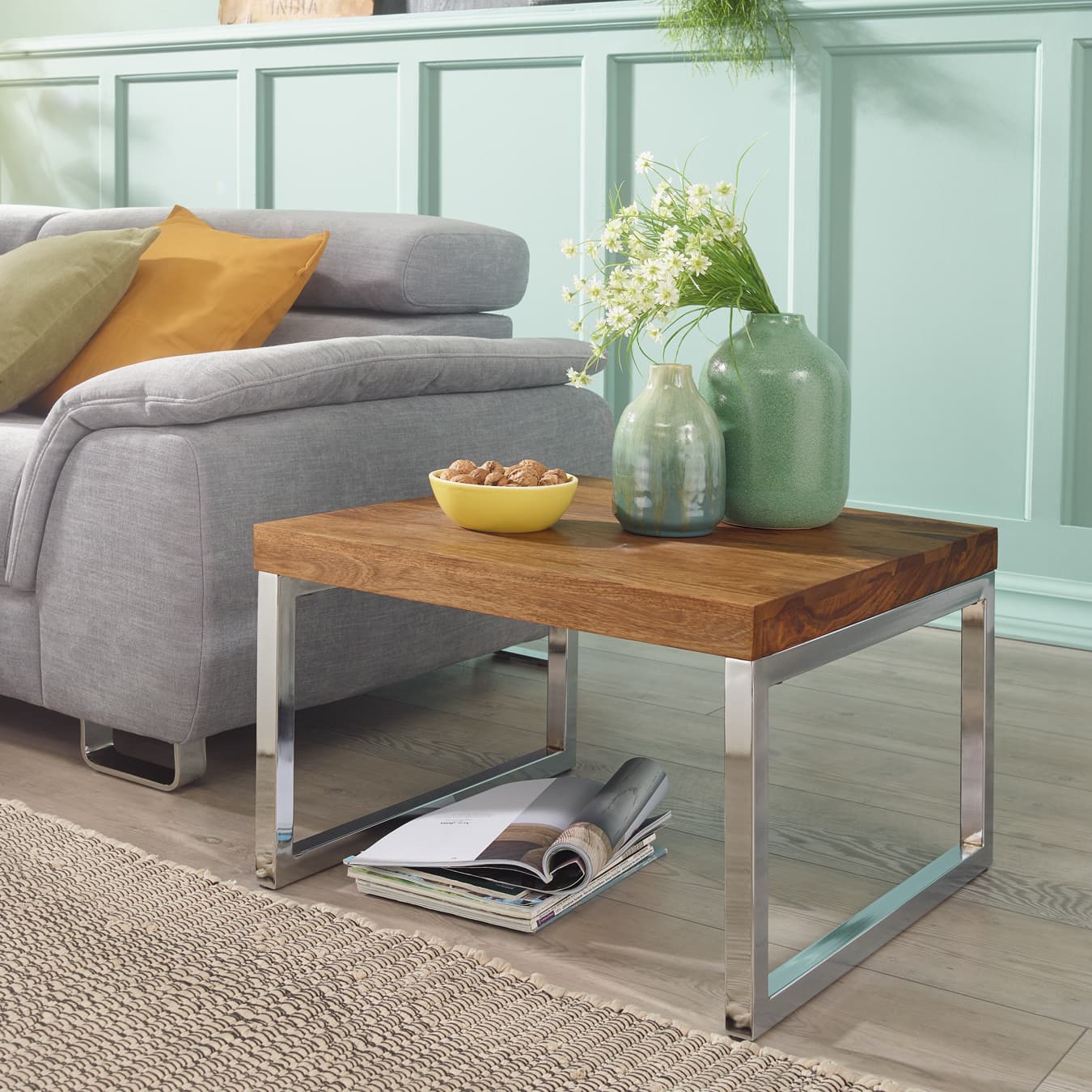 FineBuy Couchtisch quadratisch 60cm Sheesham Massivholz mit Chrom Gestell, Design Wohnzimmertisch, Sofatisch mit Metallrahmen, Holztisch Wohnzimmer, Beistelltisch Echtholz
