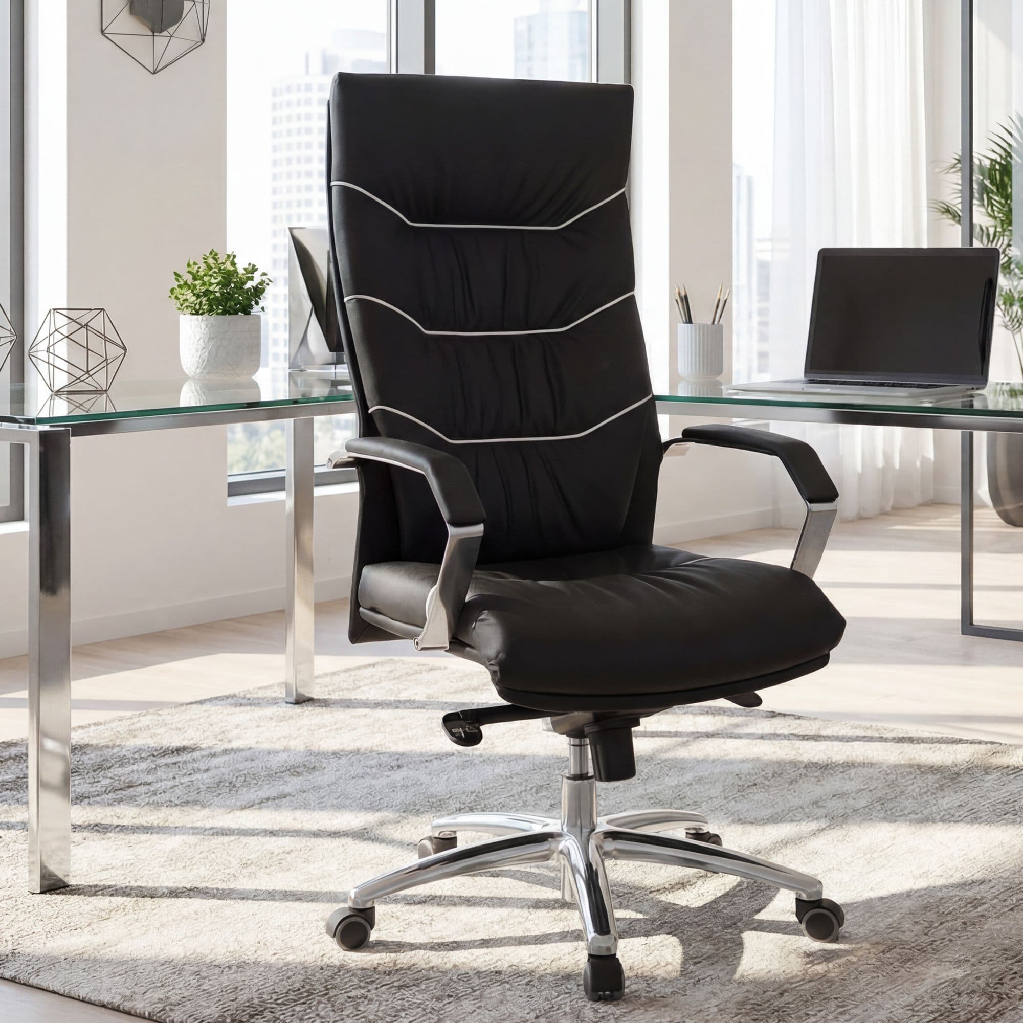 FineBuy Bürostuhl Echt-Leder schwarz Schreibtischstuhl, Chefsessel mit Kopfstütze & Multiblockmechanik, Design Drehstuhl verstellbar, Schreibtisch-Stuhl hohe Rückenlehne