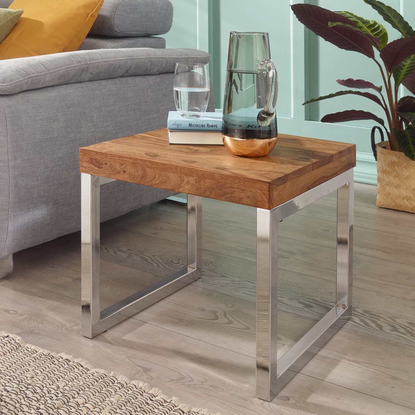 FineBuy Couchtisch quadratisch 46cm Sheesham Massivholz mit Chrom Gestell, Design Wohnzimmertisch, Sofatisch mit Metallrahmen, Holztisch Wohnzimmer, Beistelltisch Echtholz