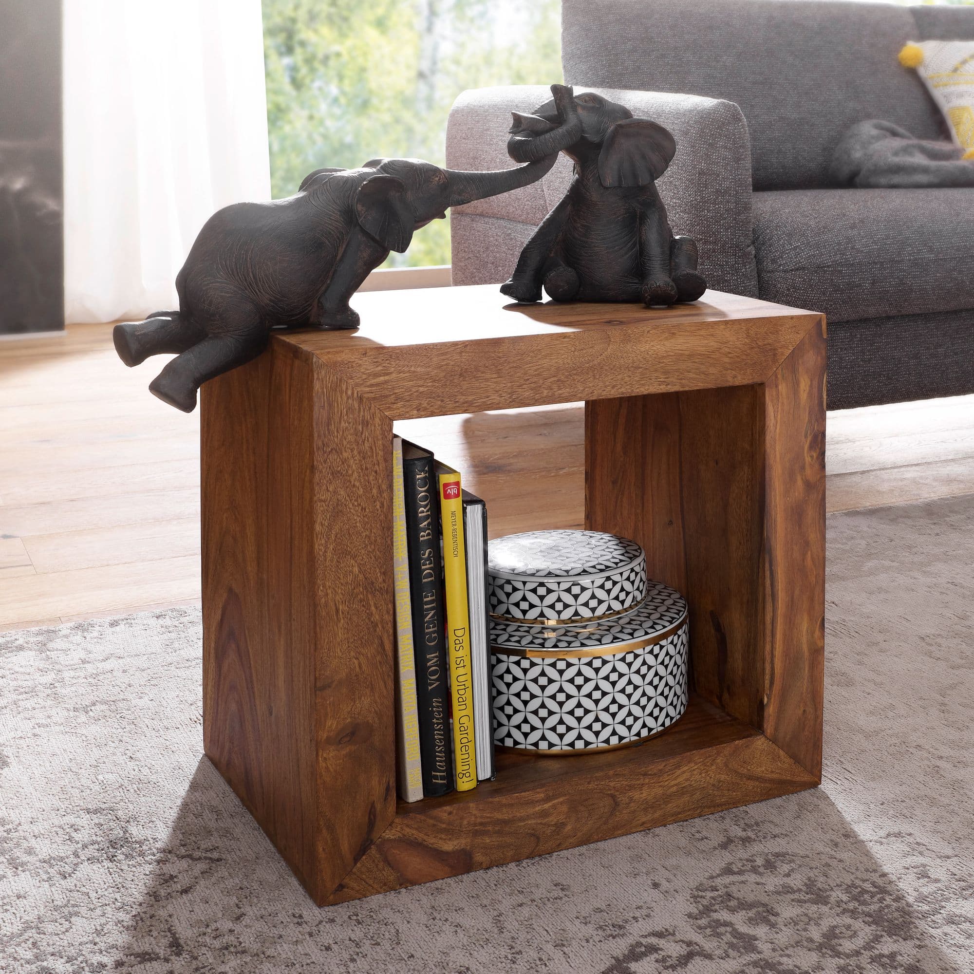 FineBuy Standregal Massivholz Sheesham 33x44x44 cm Cube Regal, Beistelltisch braun Wohnzimmermöbel Echtholz Couchtisch viereckig Anstelltisch