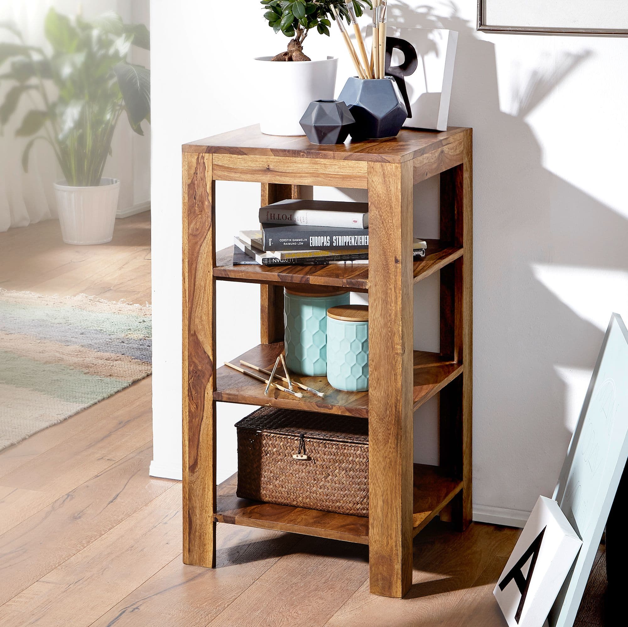 FineBuy Standregal Massiv-Holz Sheesham 80 cm Wohnzimmer-Regal mit 3 Ablagefächer Design Landhaus-Stil Beistelltisch