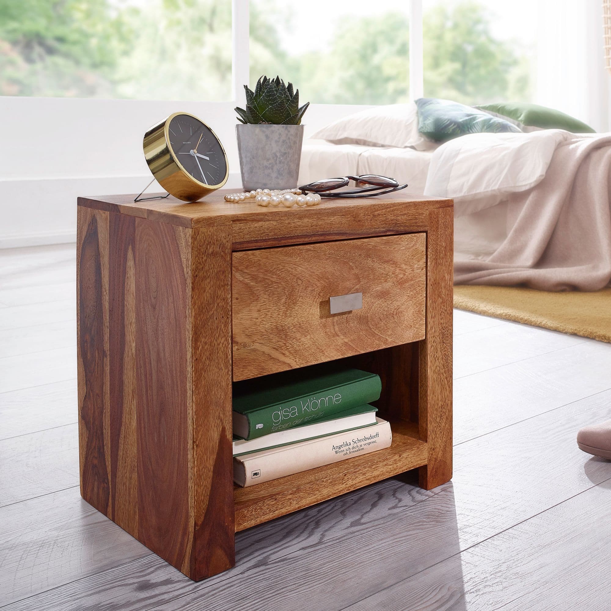 FineBuy Nachttisch Sheesham Massivholz mit Schublade und Ablage – Nachtkonsole im Landhaus Natur Design, handgefertigt – Nachtkästchen 40x40x30 cm