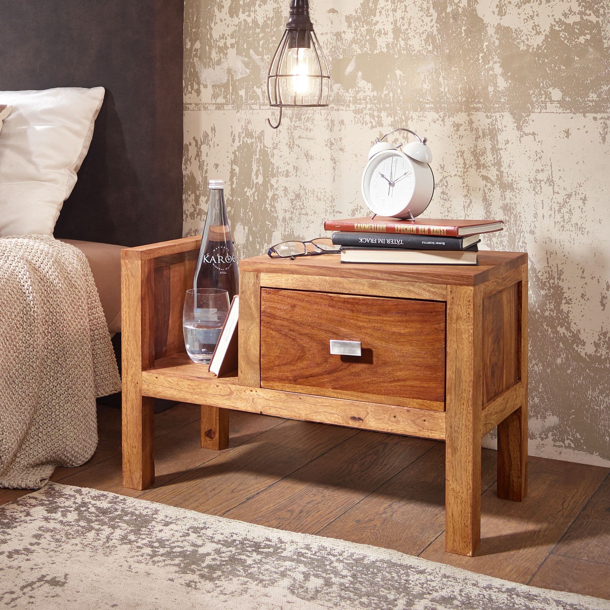 FineBuy Nachtkonsole Sheesham Massivholz mit Schublade und Ablage – Landhaus Nachttisch handgefertigt Echtholz – niedriges Nachtkästchen 60x30x40 cm