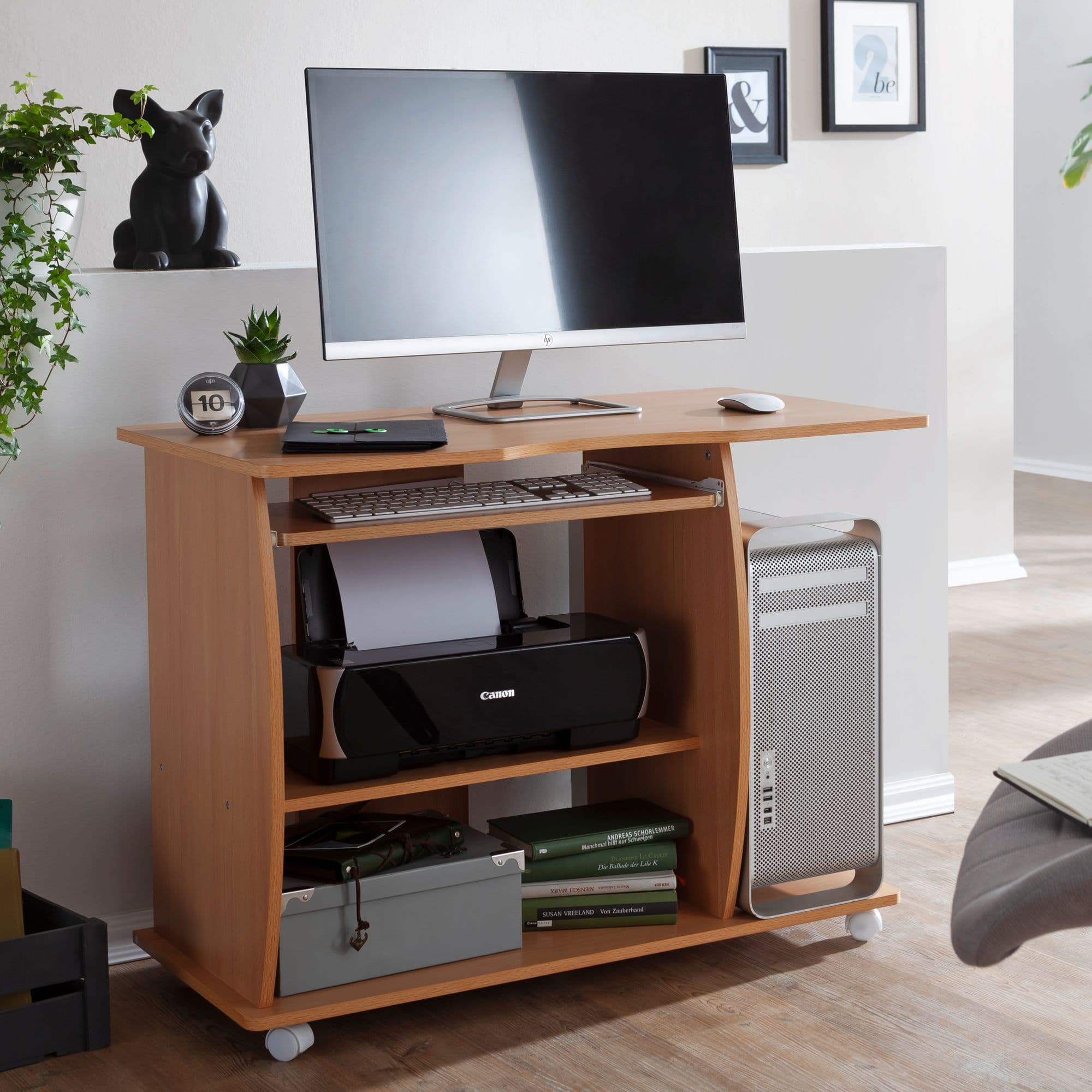 FineBuy Computertisch GRASSE rollbar Buche 90 x 71 x 50 cm mit Tastaturauszug, Laptop Tisch auf feststellbaren Rollen, PC-Tisch mit Drucker-Ablage platzsparend, Schreibtisch für kleine Räume