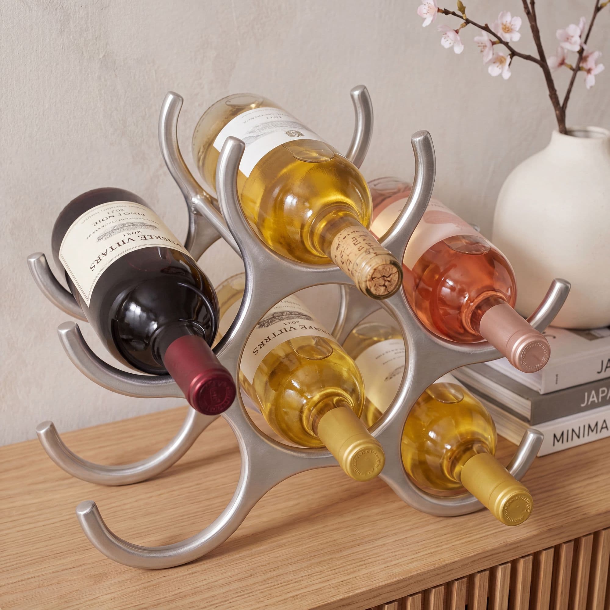 FineBuy Design Aluminium Weinregal 6 Flaschen in Silber 24cm, Flaschenregal Wein Zubehör Edel modern Alu Flaschenständer liegend